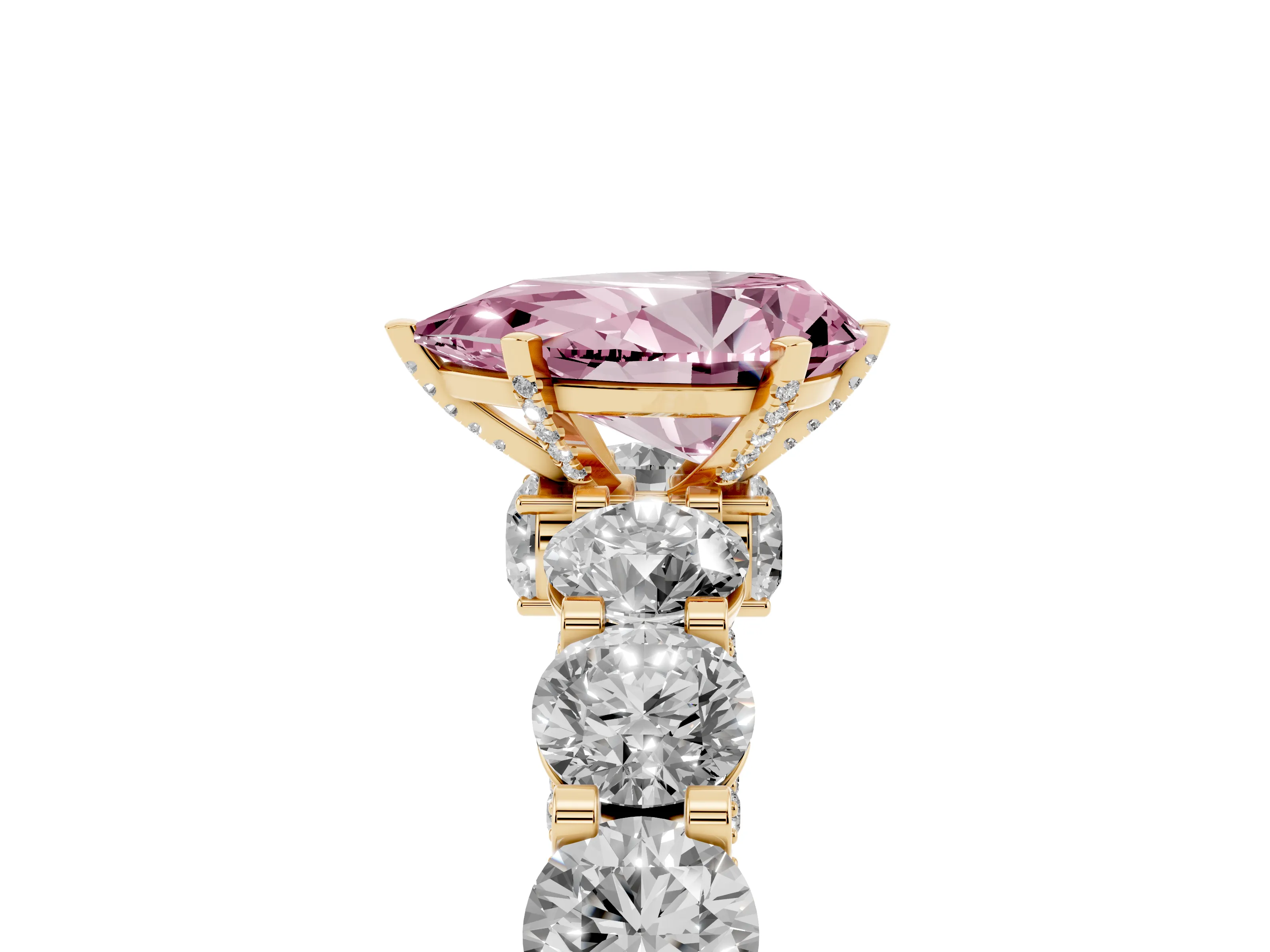 Fancy Pink Pear Cut Diamond Side Stone Ring Set in Yellow gold with Alternating Round and Oval Side Stones