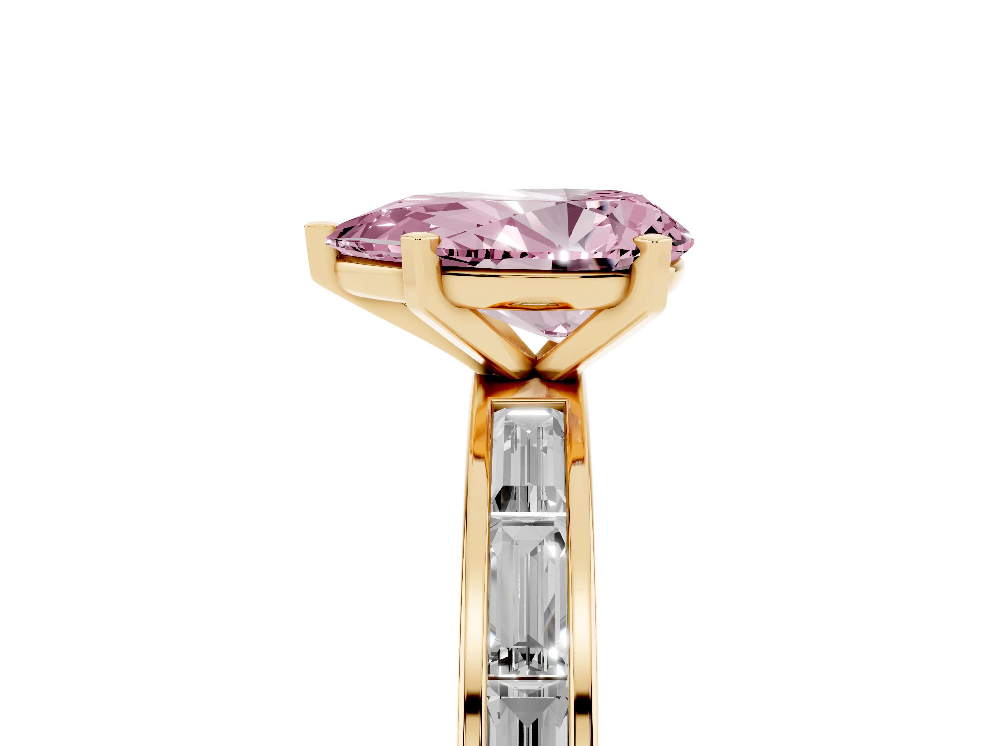 Fancy Pink Pear Cut Diamond Solitaire Ring Set in Yellow gold with Channel-Set Baguette Band and Prong Setting