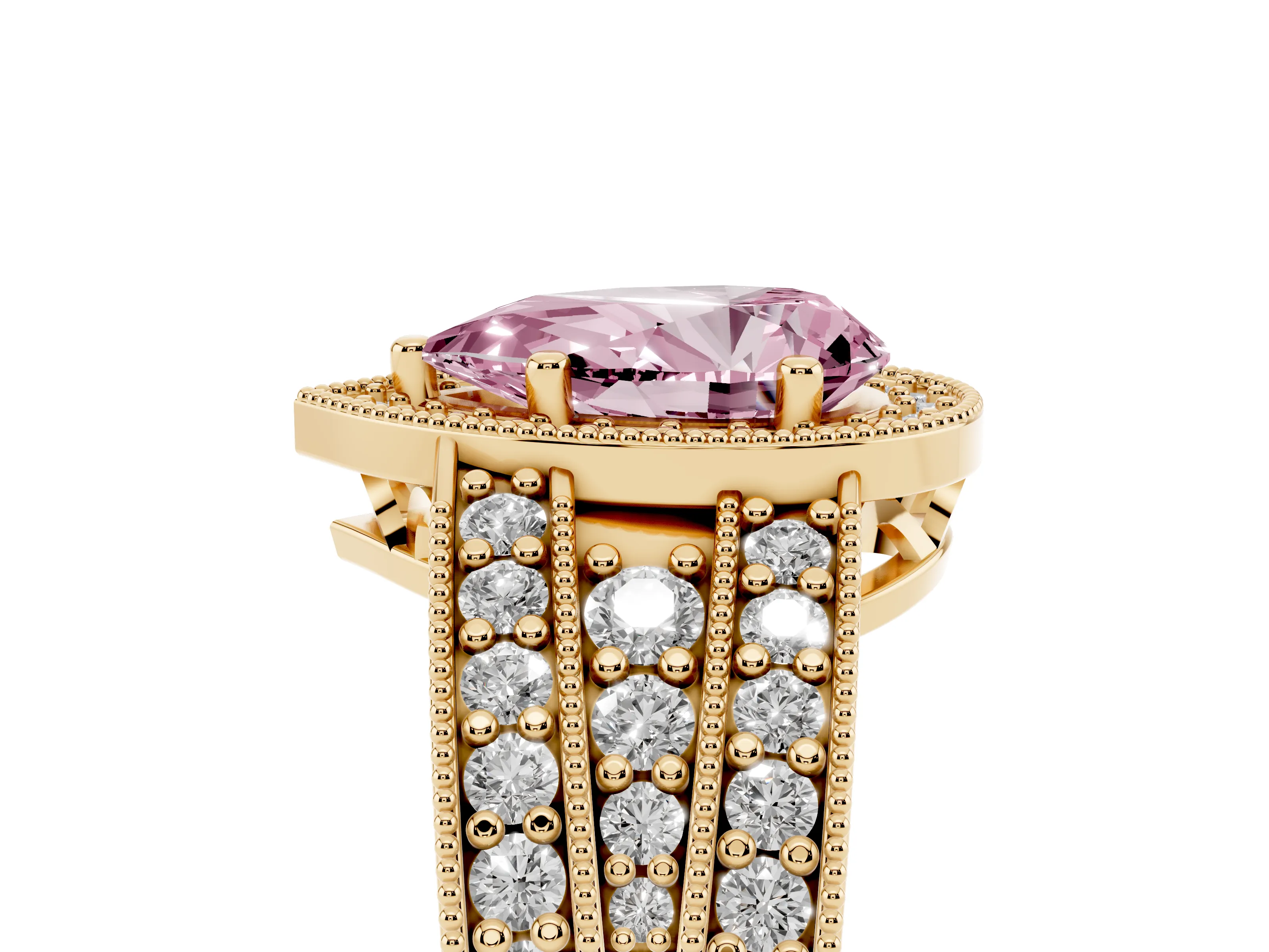 Fancy Pink Pear Cut Diamond Halo Ring Set in Yellow gold with Accent Split Shank and Prong Setting