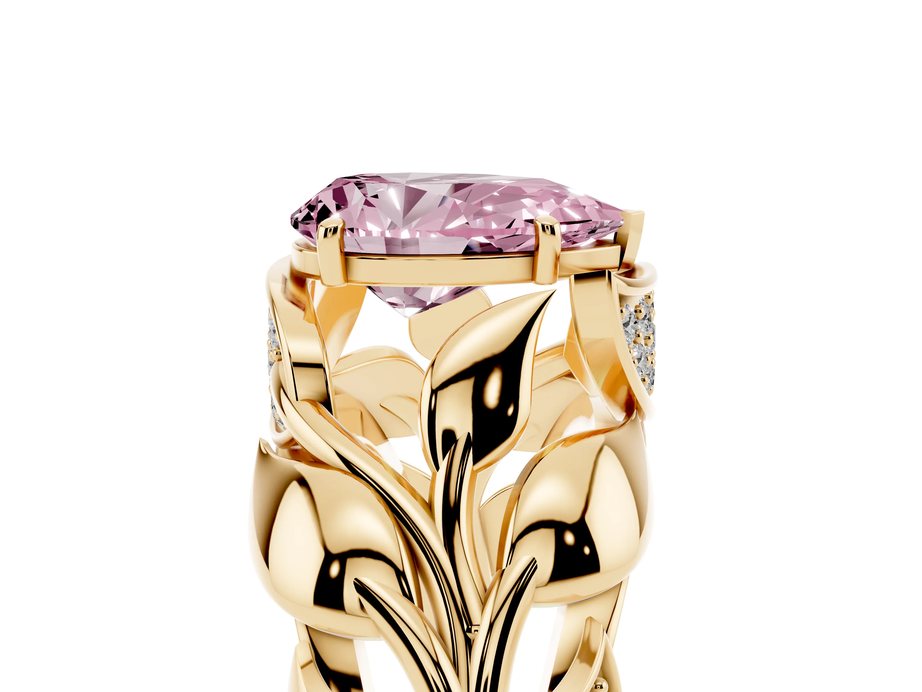 Fancy Pink Pear Cut Diamond Leaf-Inspired Engagement Ring Set in Yellow gold with Round Accents