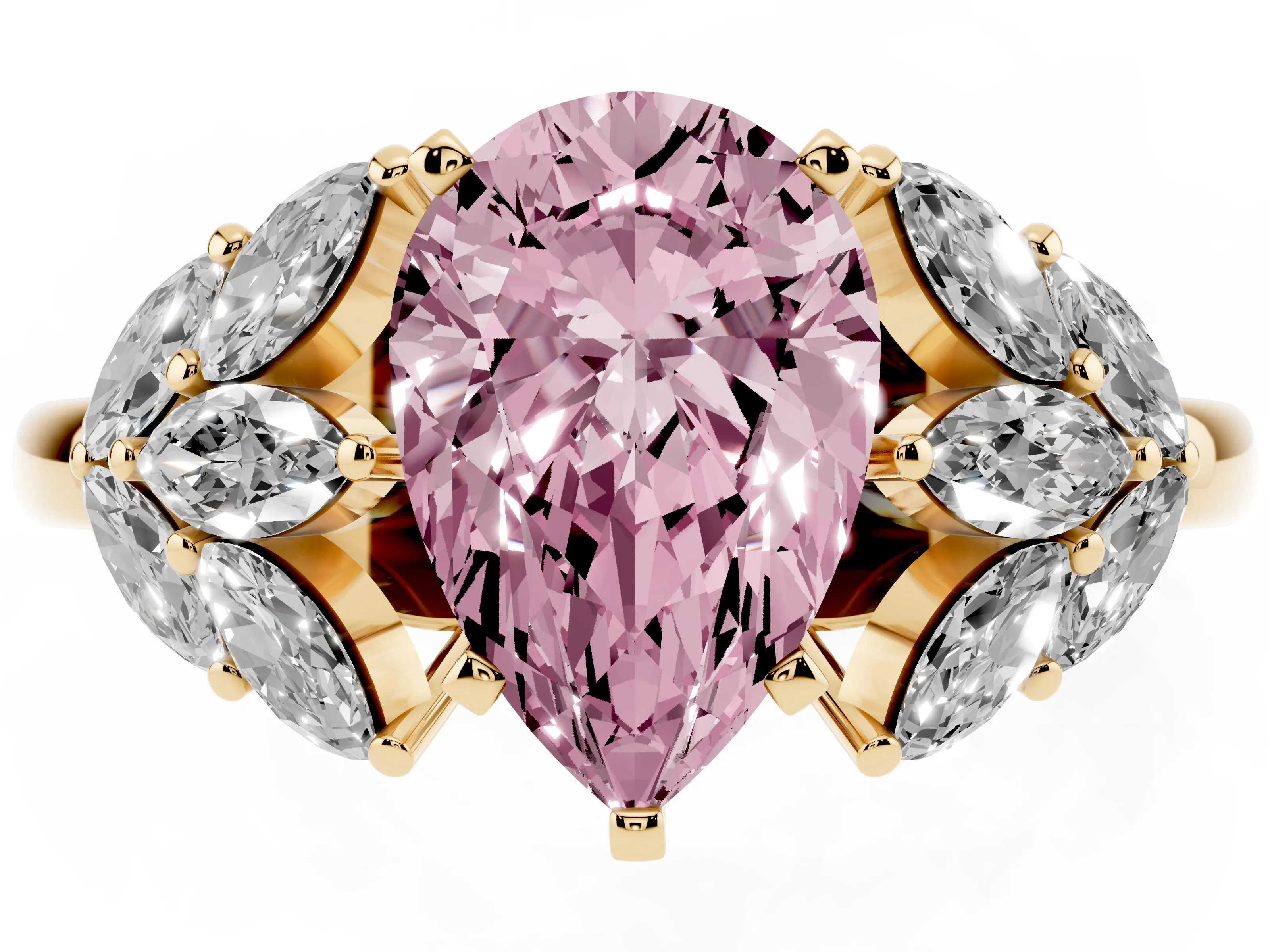 Fancy Pink Pear Cut Diamond Cluster Leaf Design Ring Set in Yellow gold with Prong Setting