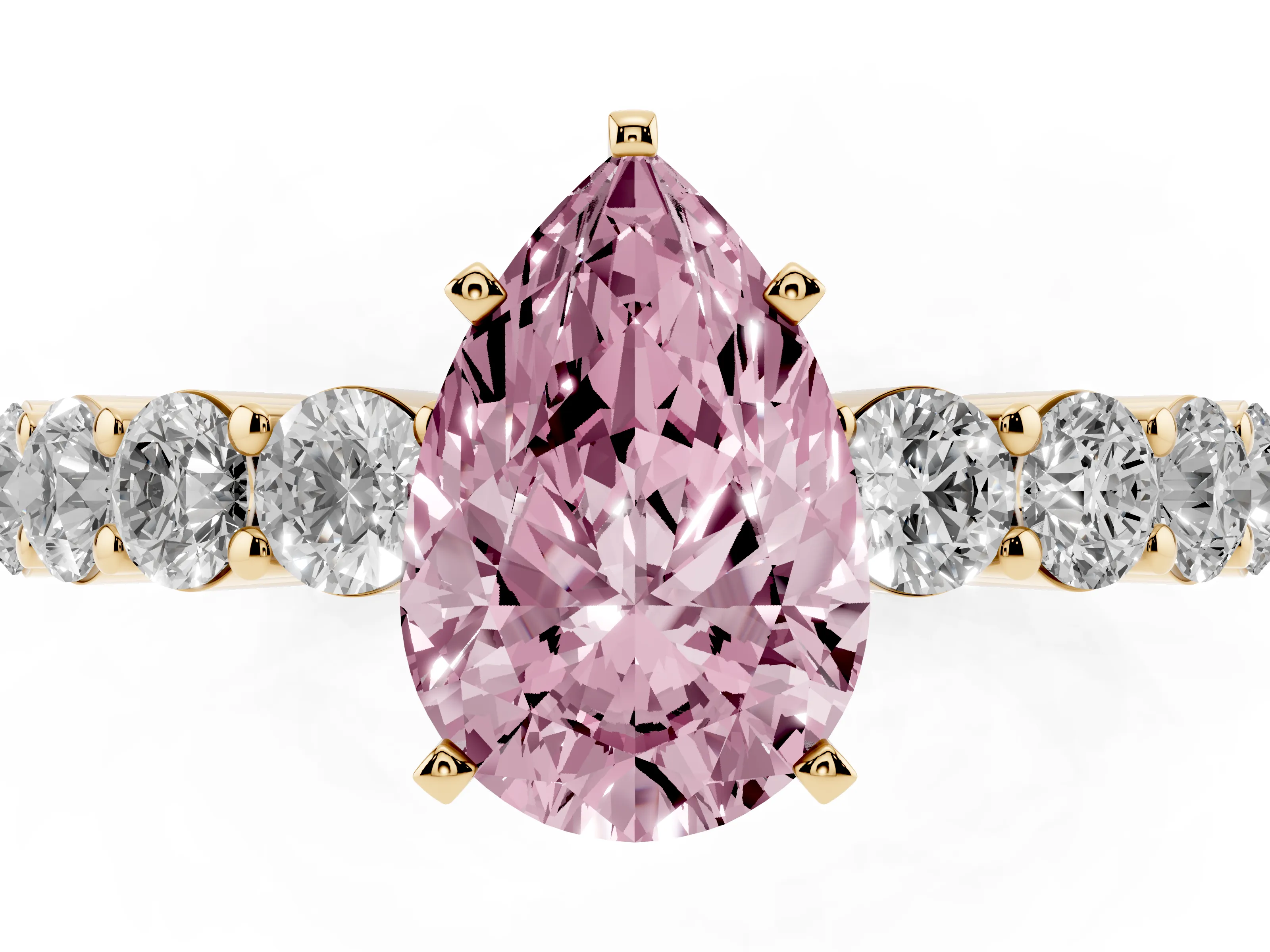Fancy Pink Pear Cut Diamond Solitaire Ring Set in Yellow gold with Shared Prong Round Side Stones