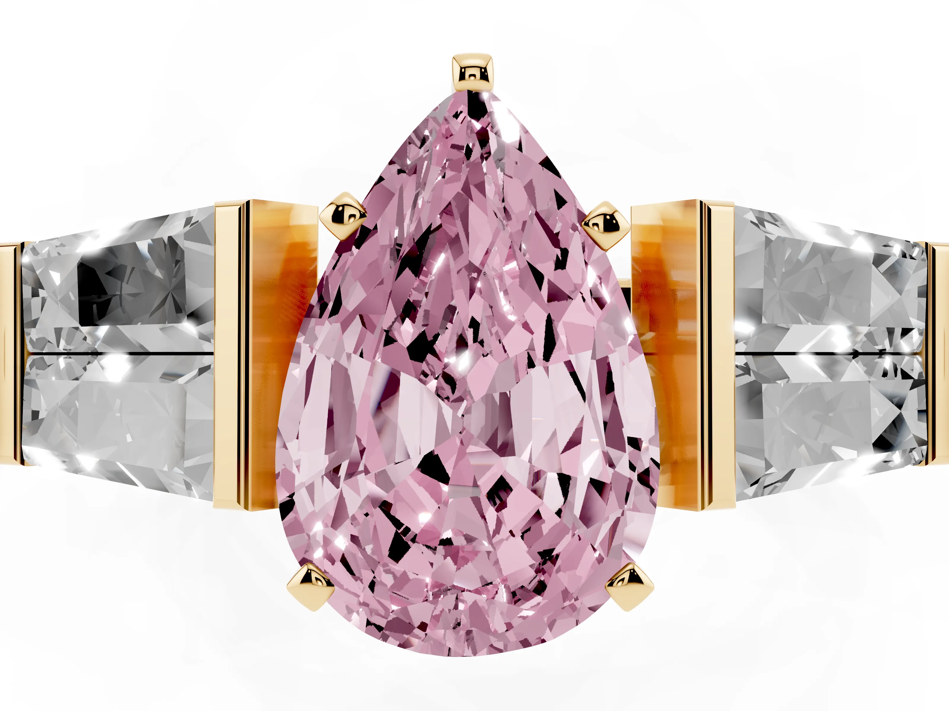 Fancy Pink Pear Cut Diamond Engagement Ring Set in Yellow gold with Baguette Side Stones and Channel Set Band