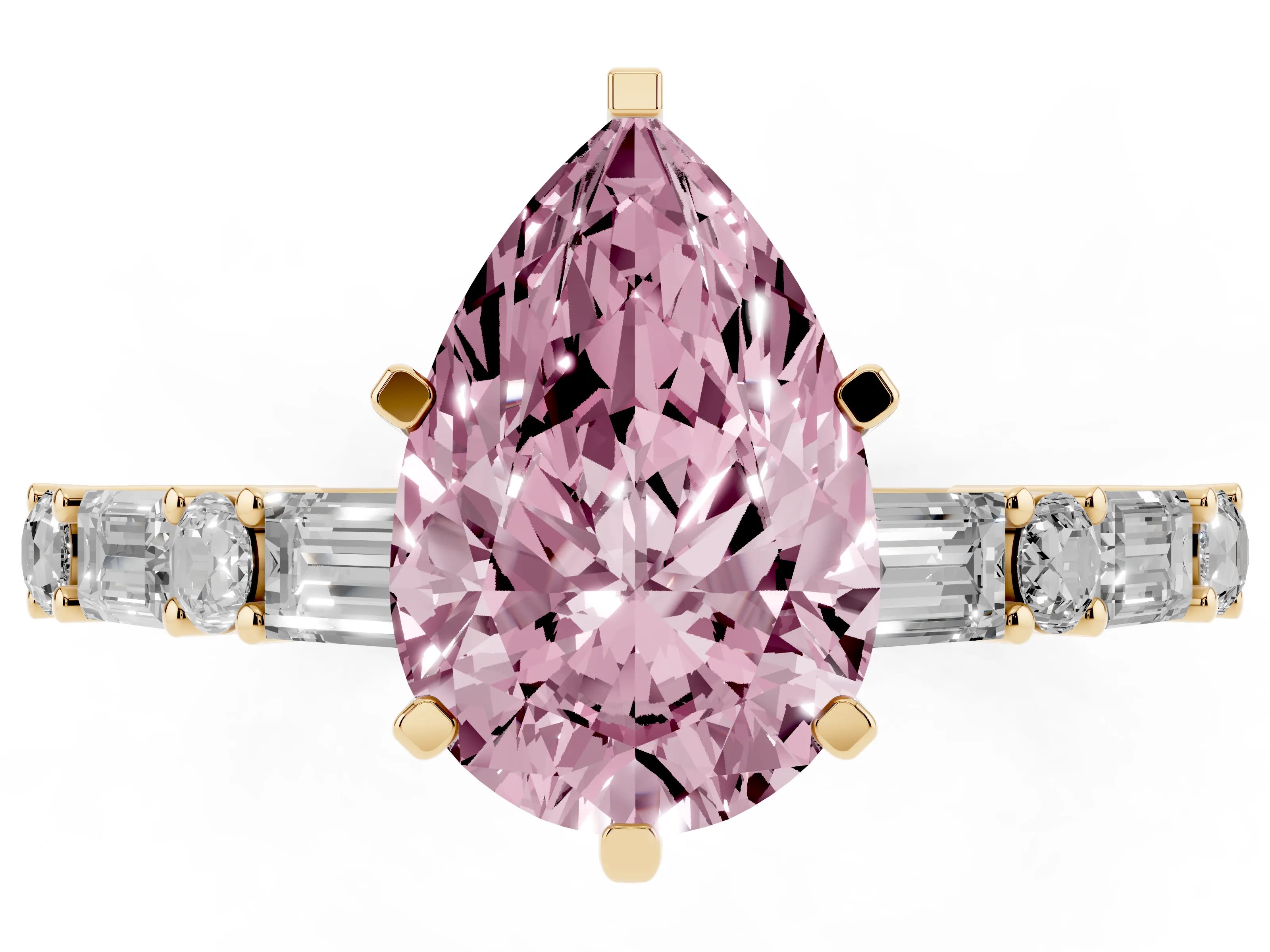 Fancy Pink Pear Cut Diamond Solitaire Set in Yellow gold with Side Baguettes and Channel Set Band