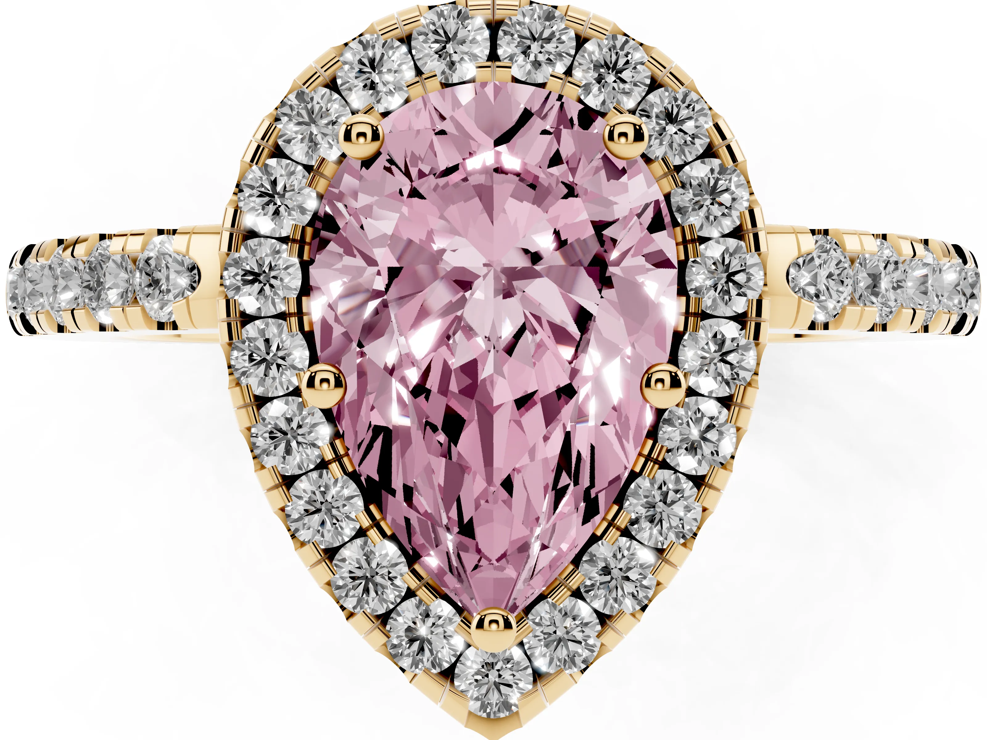Fancy Pink Pear Cut Diamond Pavé Band Halo Engagement Ring Set in Yellow gold with Prong Setting