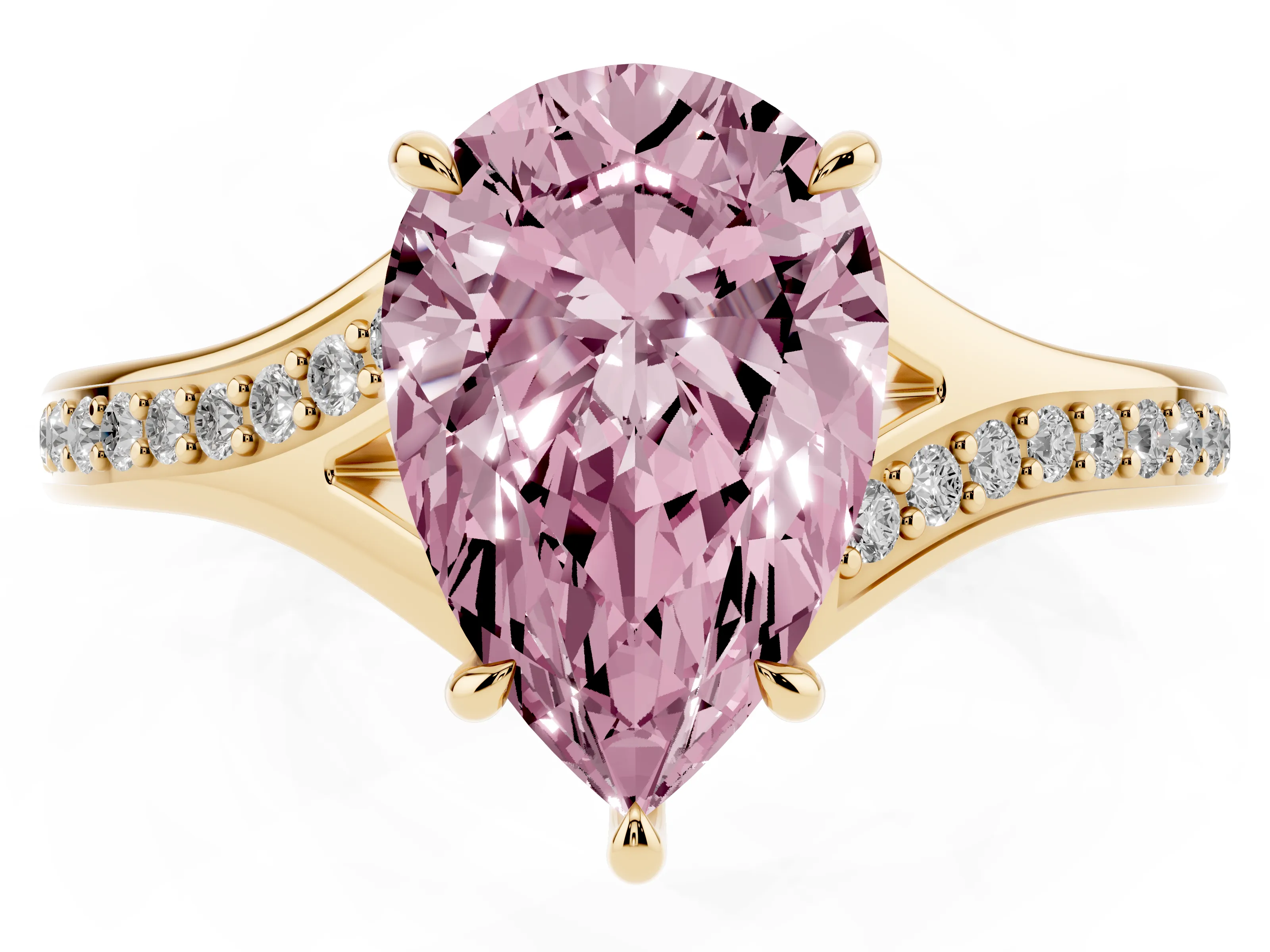 Fancy Pink Pear Cut Diamond Solitaire Ring Set in Yellow gold with Pavé Accent Band and Classic Prong Setting