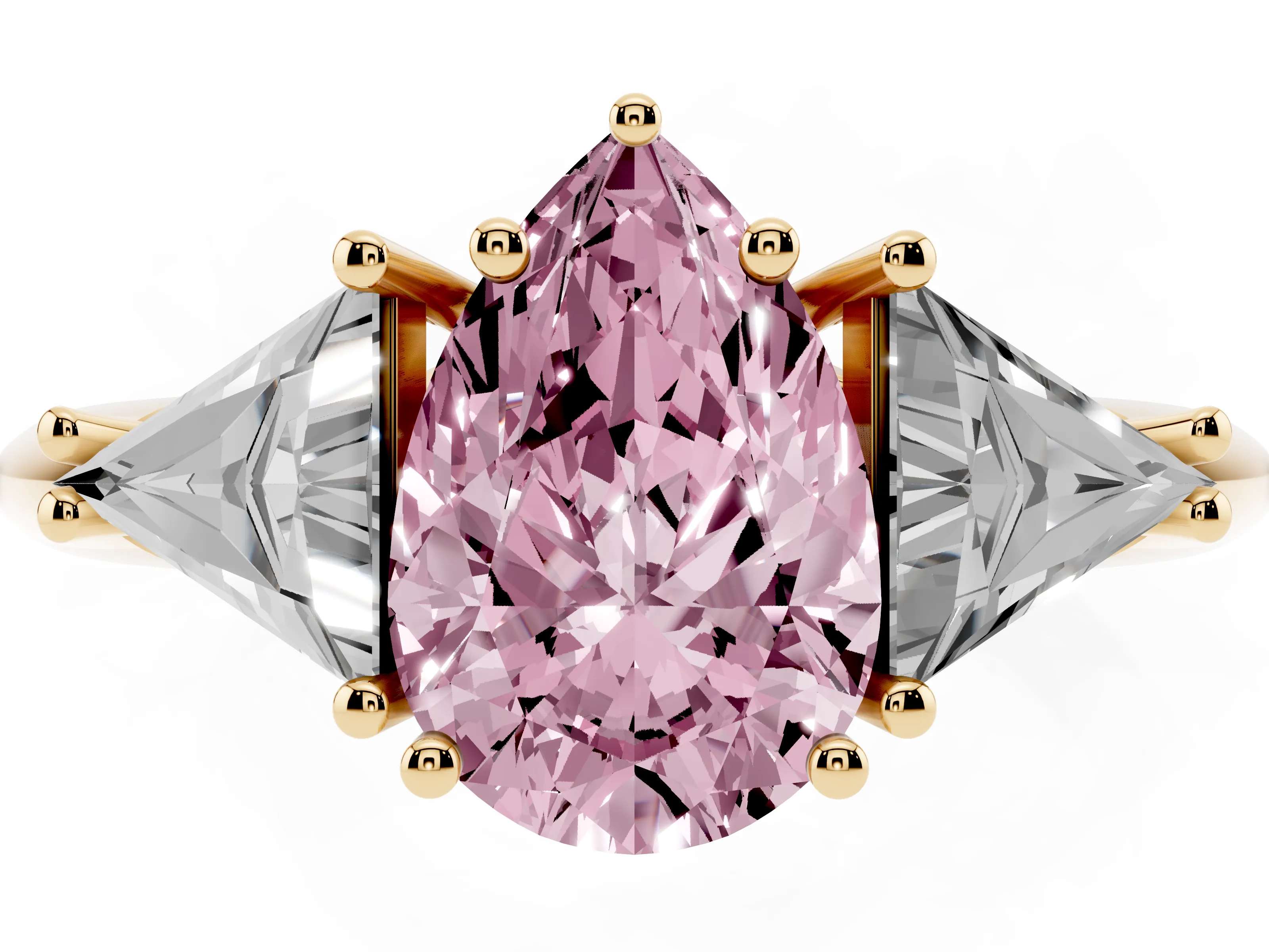Fancy Pink Pear Cut Diamond Three-Stone Engagement Ring Set in Yellow gold with Trillion Side Stones