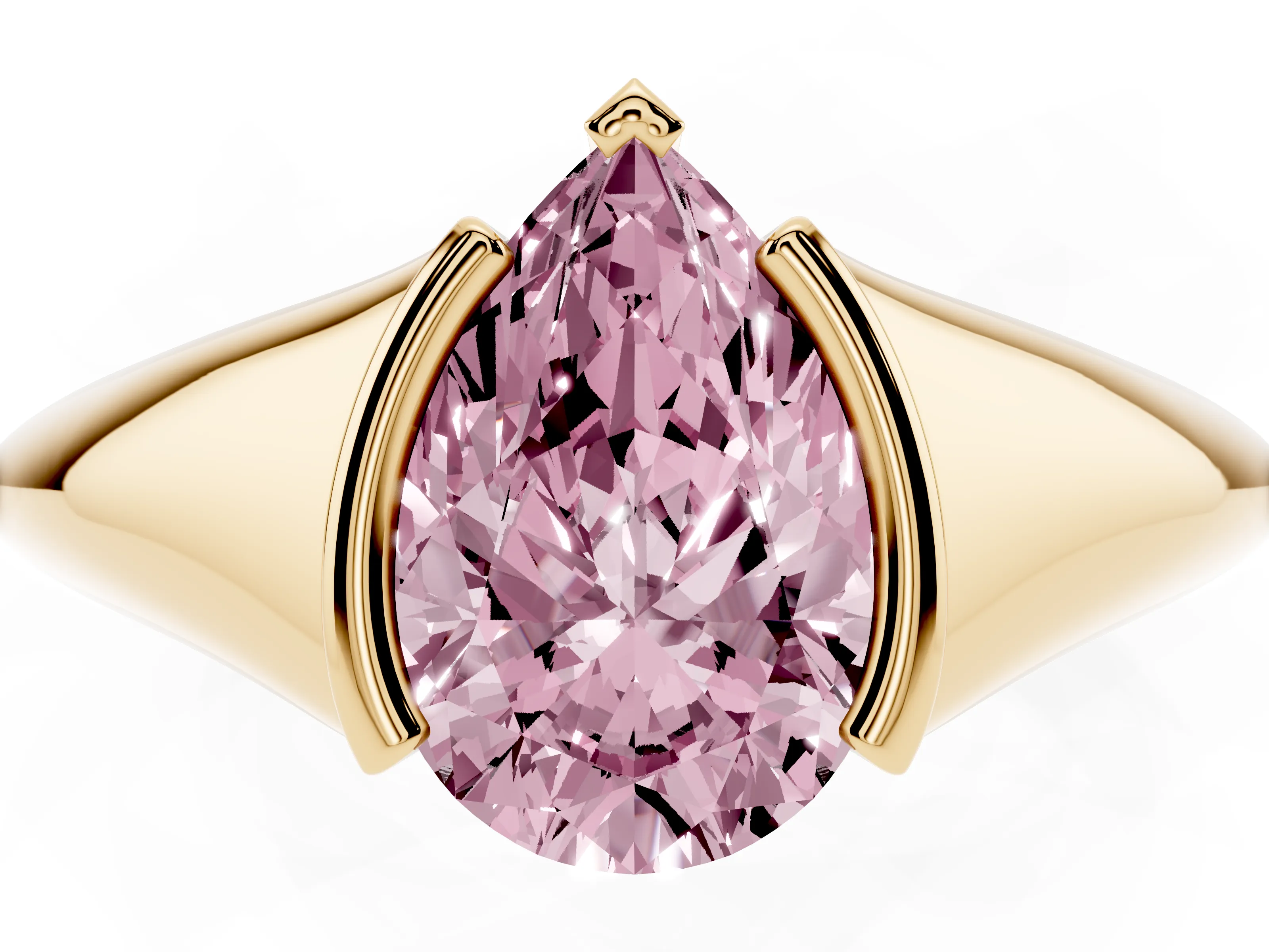 Fancy Pink Pear Cut Diamond Solitaire Tension Set Ring Set in Yellow gold