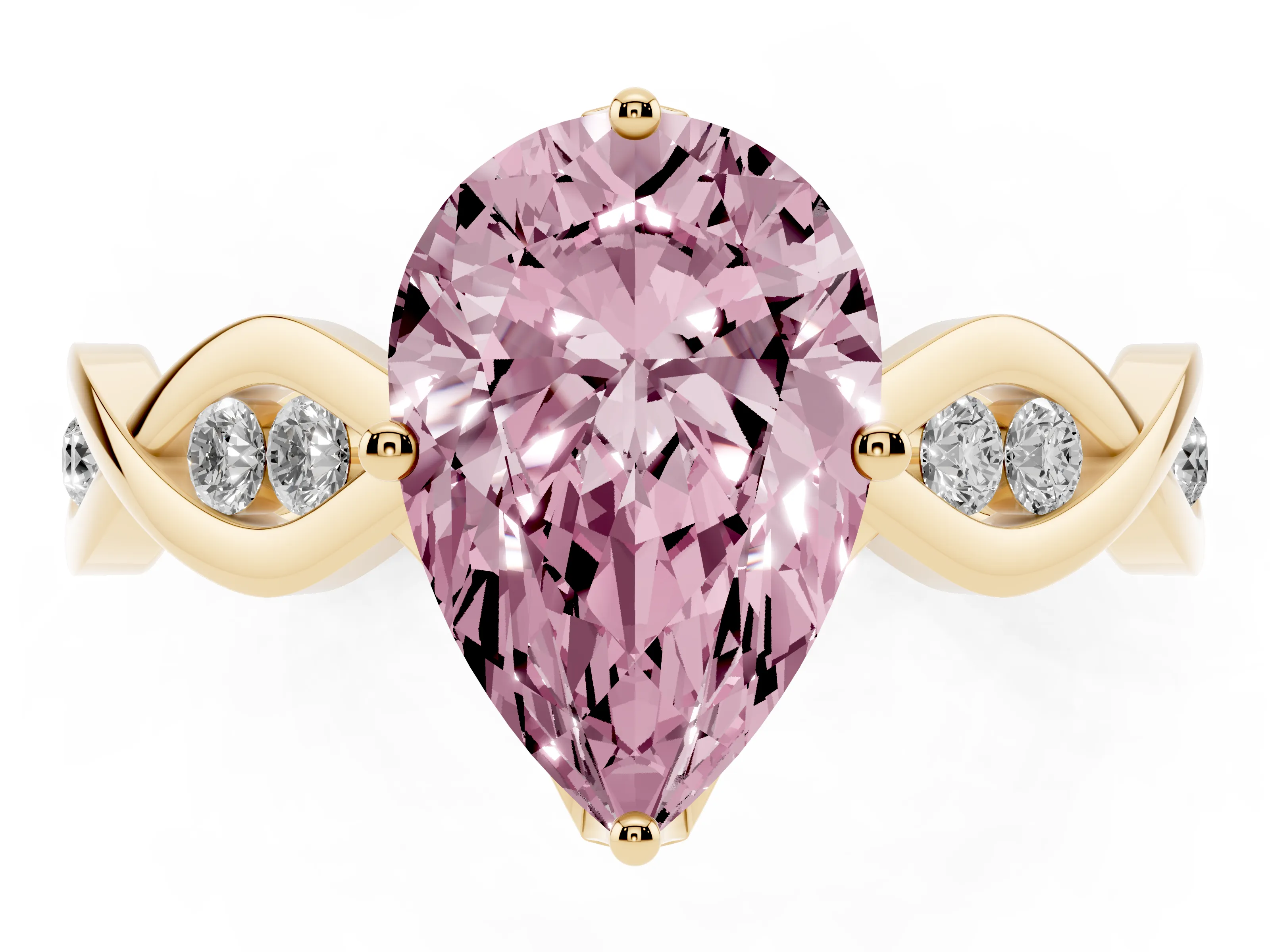 Fancy Pink Pear Cut Diamond Twist Band Solitaire Ring Set in Yellow gold with Leaf Prong Setting and Accent Stones