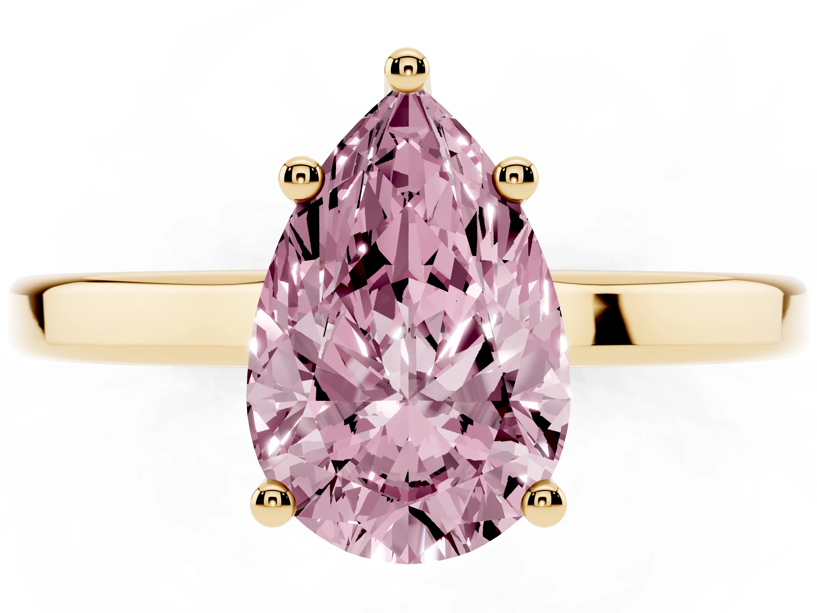 Fancy Pink Pear Cut Diamond Solitaire Engagement Ring Set in Yellow gold with Prong Setting on a Plain Band
