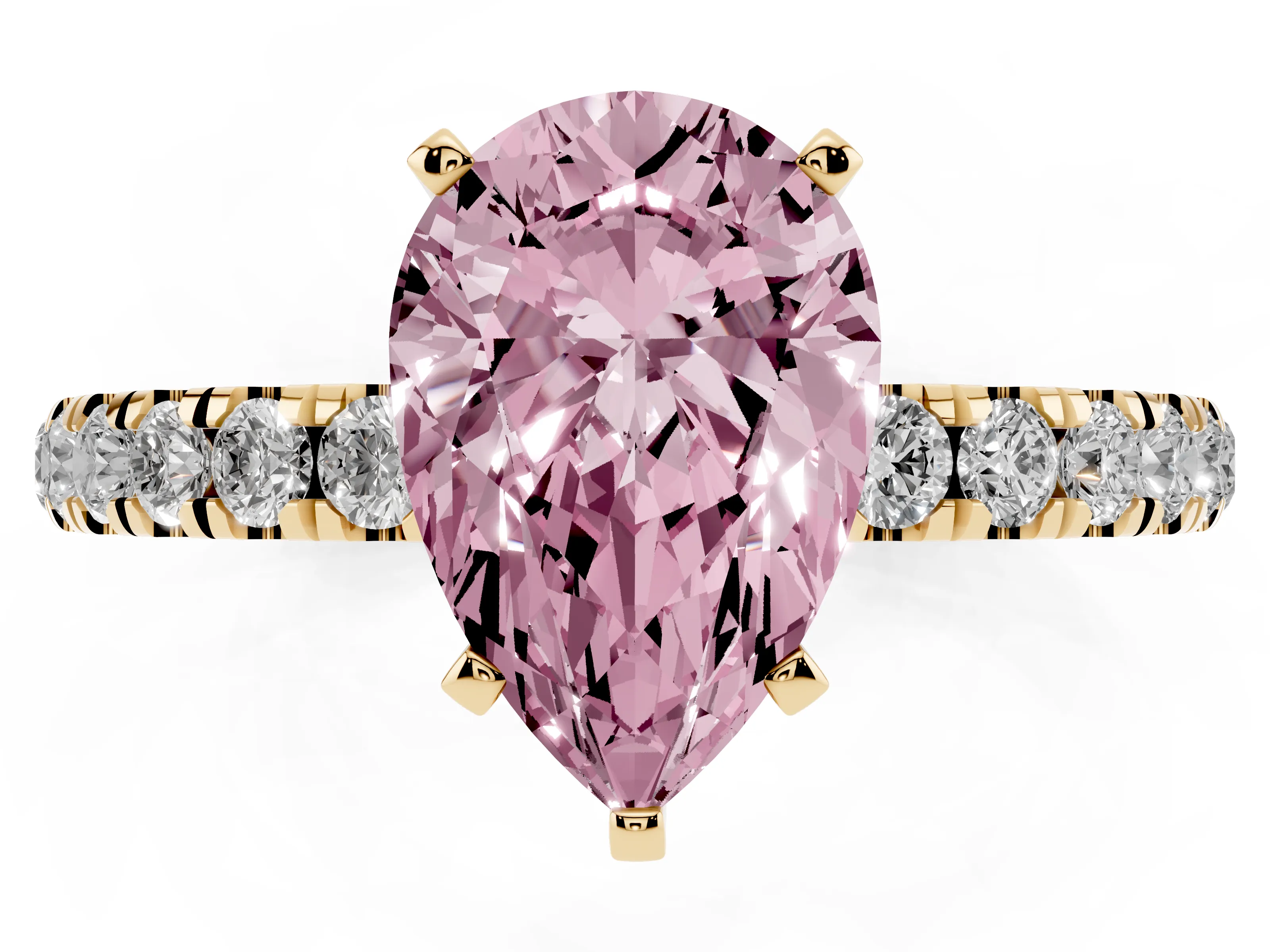 Fancy Pink Pear Cut Diamond Solitaire Ring Set in Yellow gold with Pavé Accents and Prong Setting