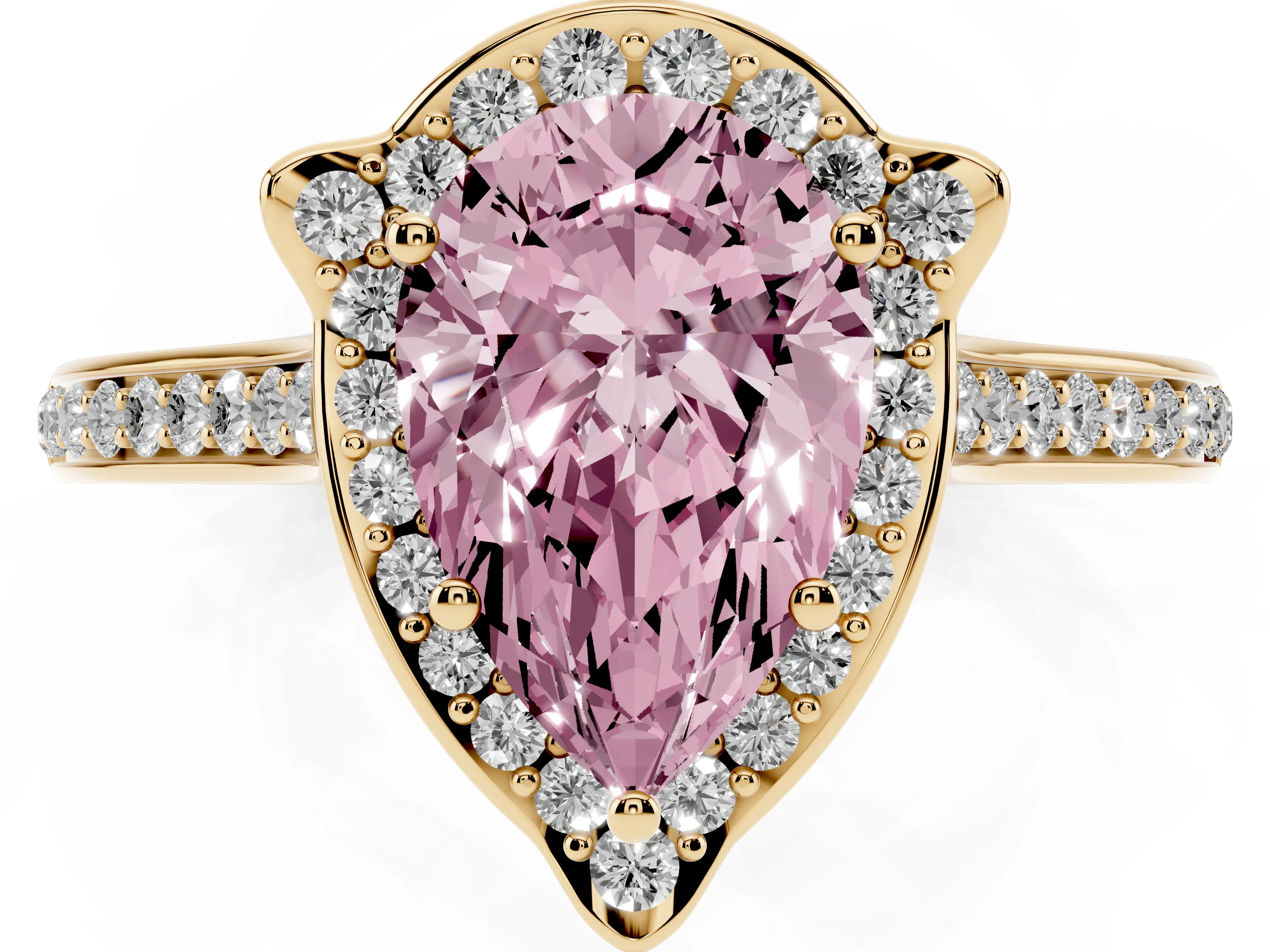 Fancy Pink Pear Cut Diamond Halo Ring Set in Yellow gold with Pavé-Lined Shoulders and Prong Setting