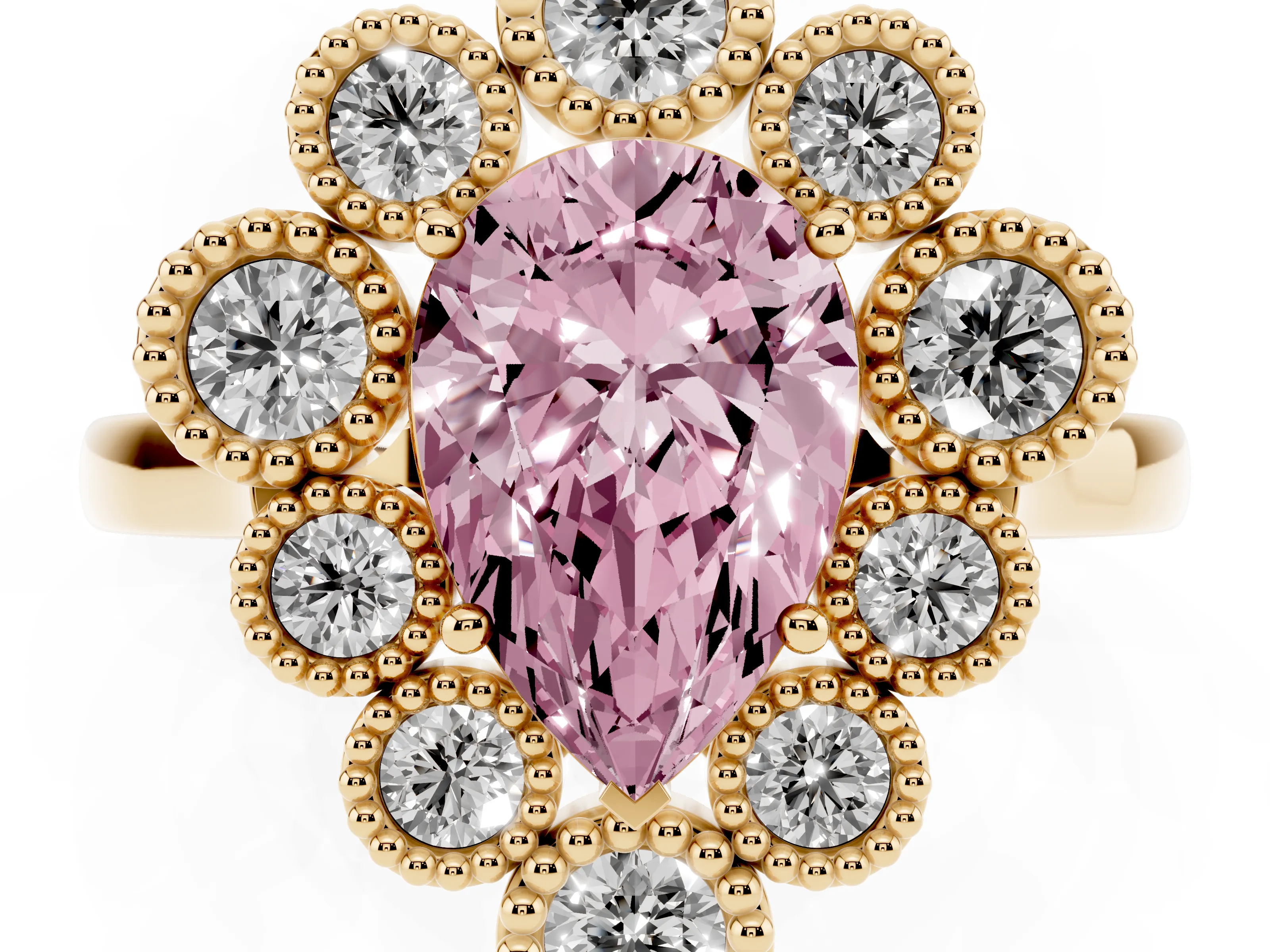 Fancy Pink Pear Cut Diamond Cluster Halo Ring Set in Yellow gold with Milgrain Bezel Accents and Plain Band