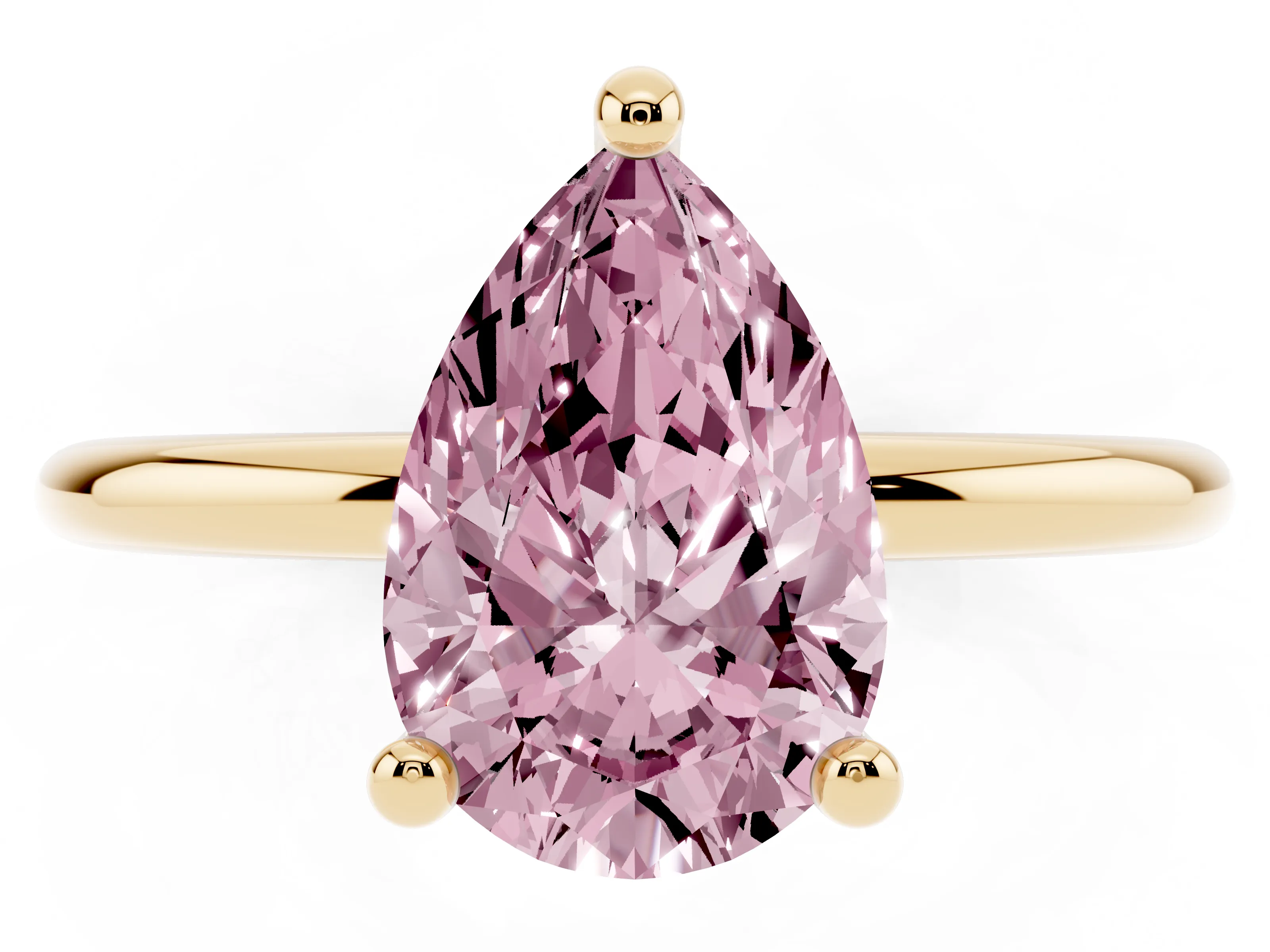 Fancy Pink Pear Cut Diamond Solitaire Ring Set in Yellow gold with Secure Prong Setting on a Classic Band