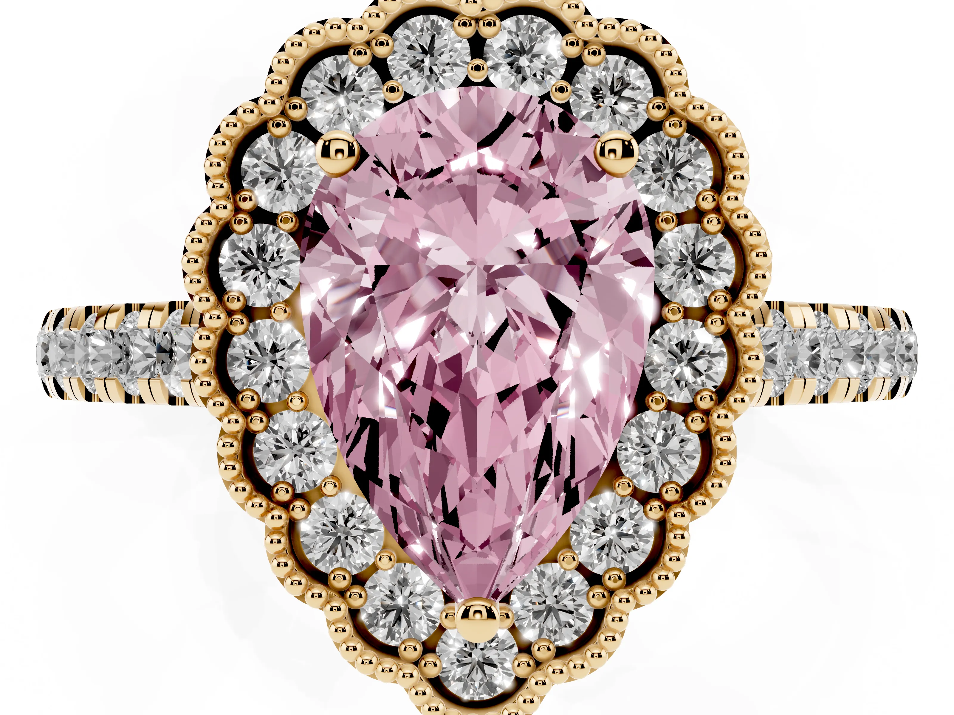 Fancy Pink Pear Cut Diamond Milgrain Floral Halo Engagement Ring Set in Yellow gold with Pavé Band