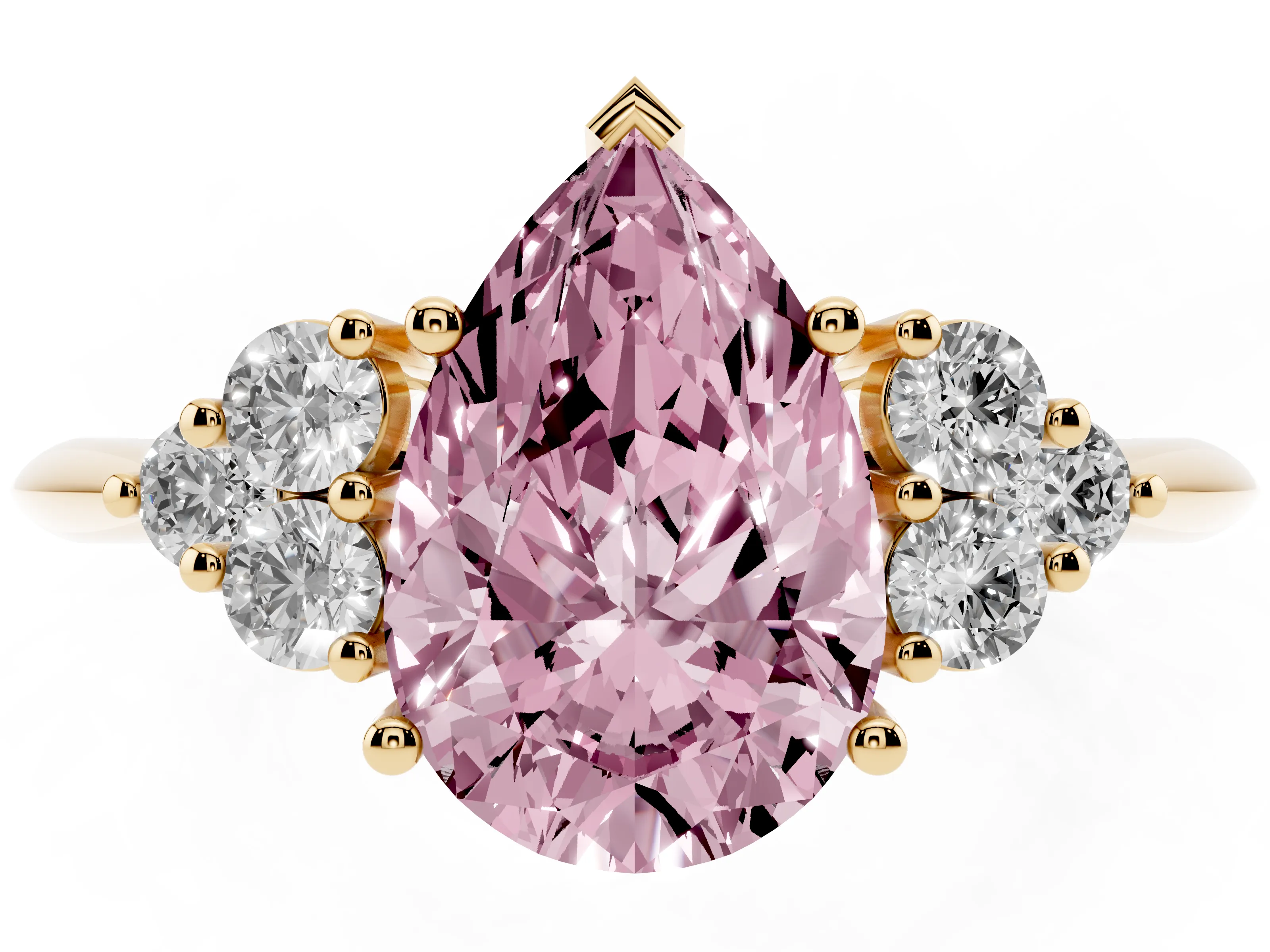 Fancy Pink Pear Cut Diamond Cluster Ring Set in Yellow gold with Plain Band and Prong Setting
