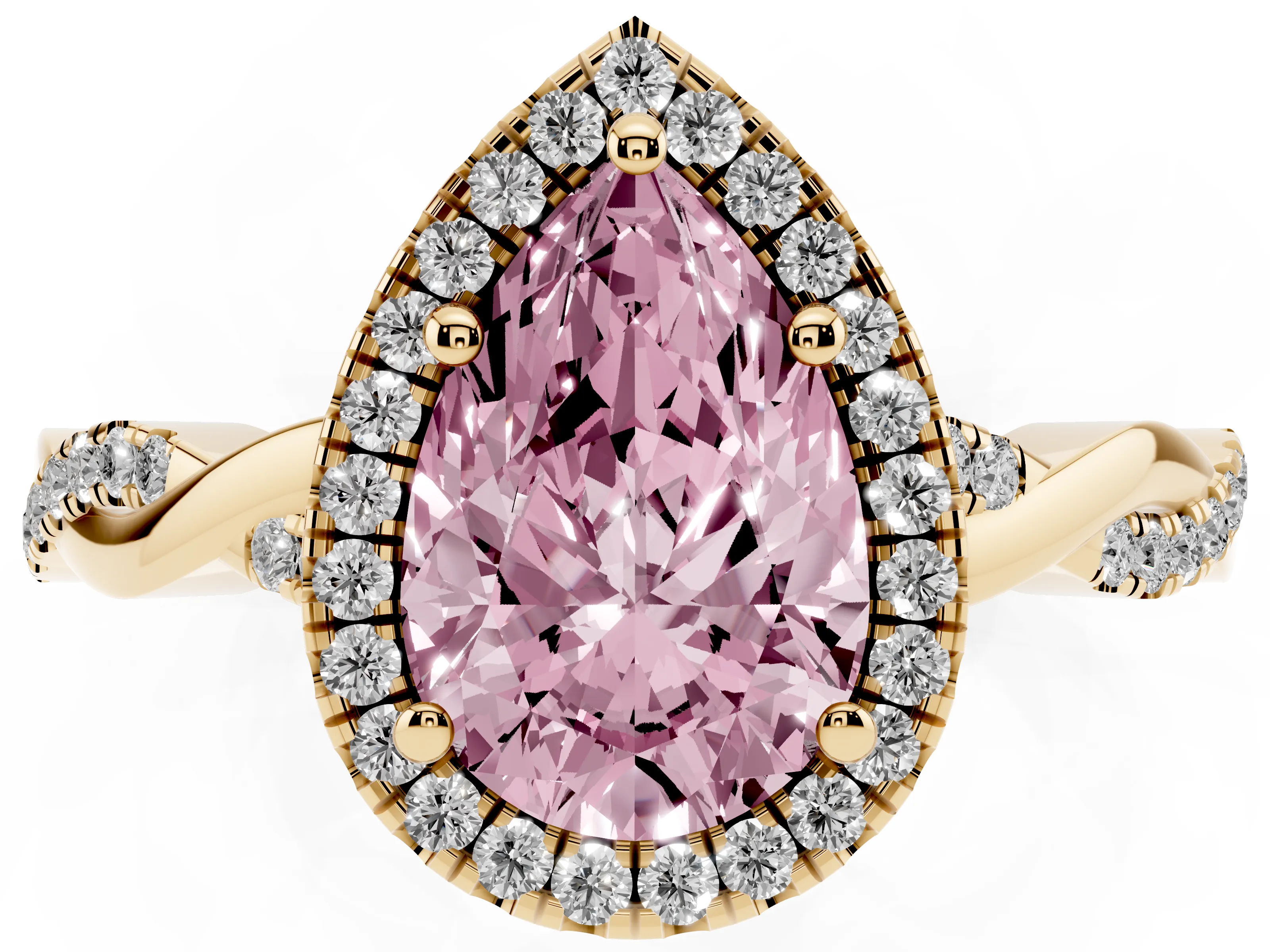 Fancy Pink Pear Cut Diamond Halo Twisted Band Ring Set in Yellow gold with Prong Setting