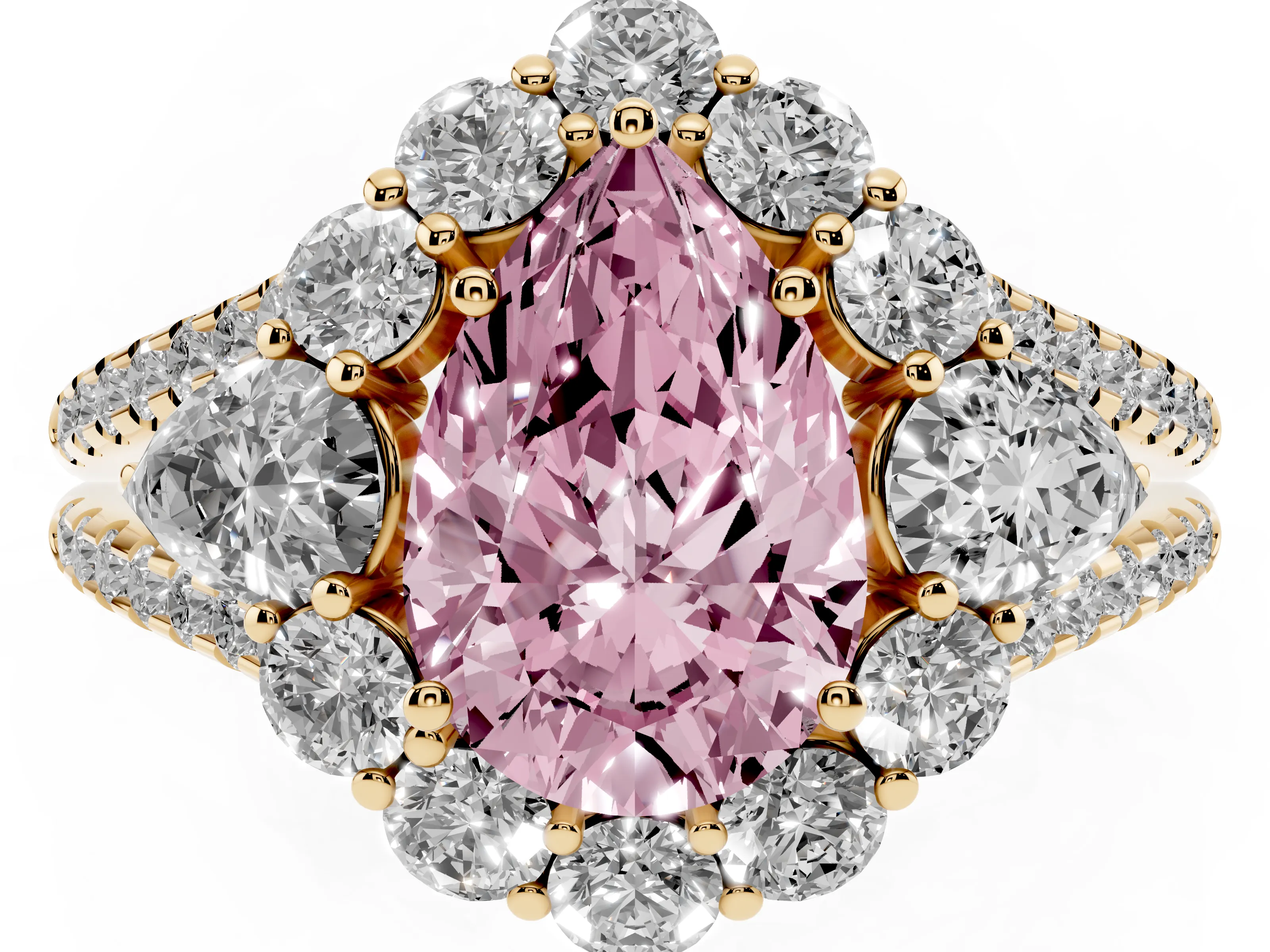 Fancy Pink Pear Cut Diamond Halo Split Shank Engagement Ring Set in Yellow gold with Prong-Held Center Stone