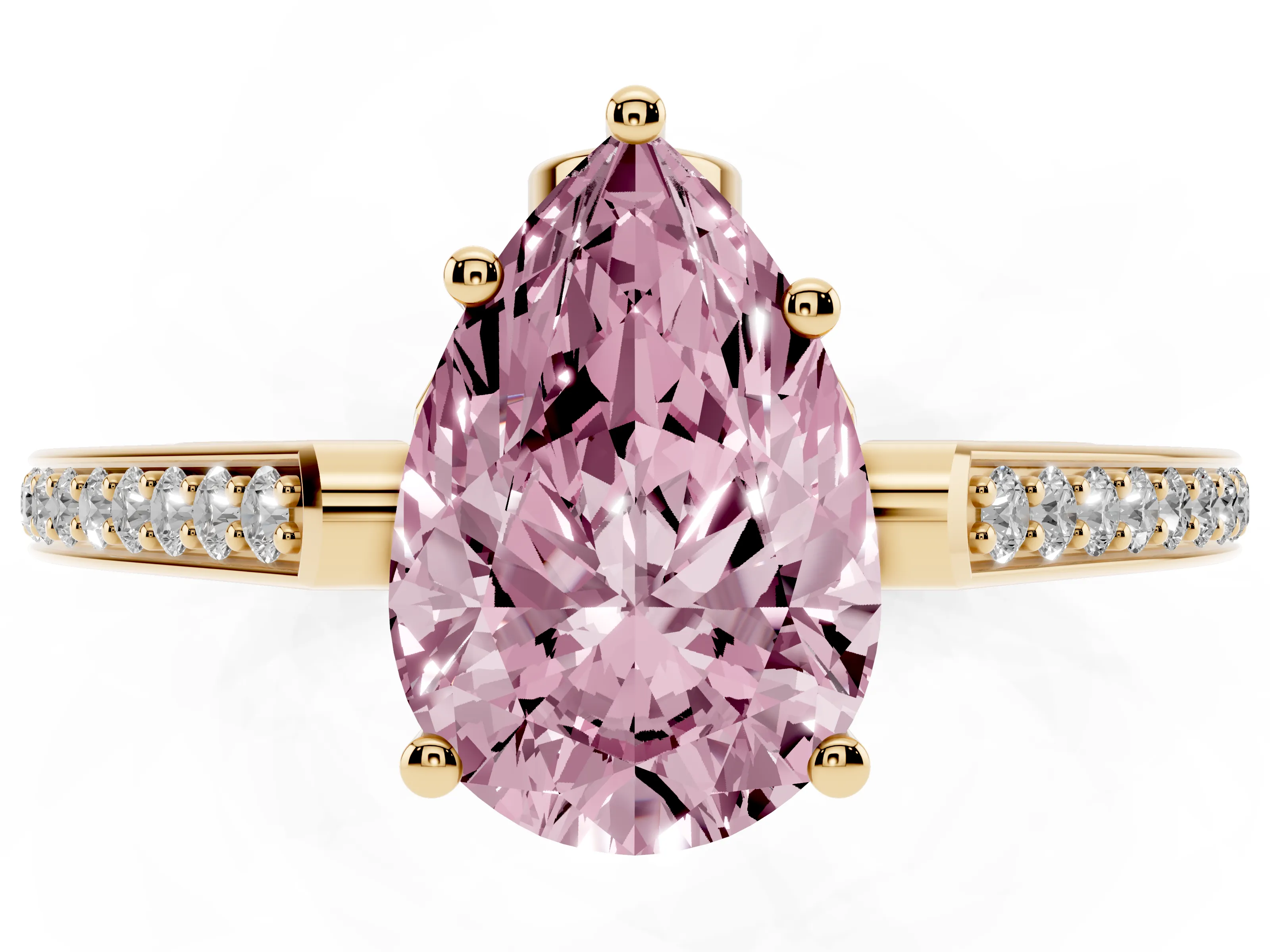 Fancy Pink Pear Cut Diamond Cathedral Pavé Engagement Ring Set in Yellow gold with Prong Setting