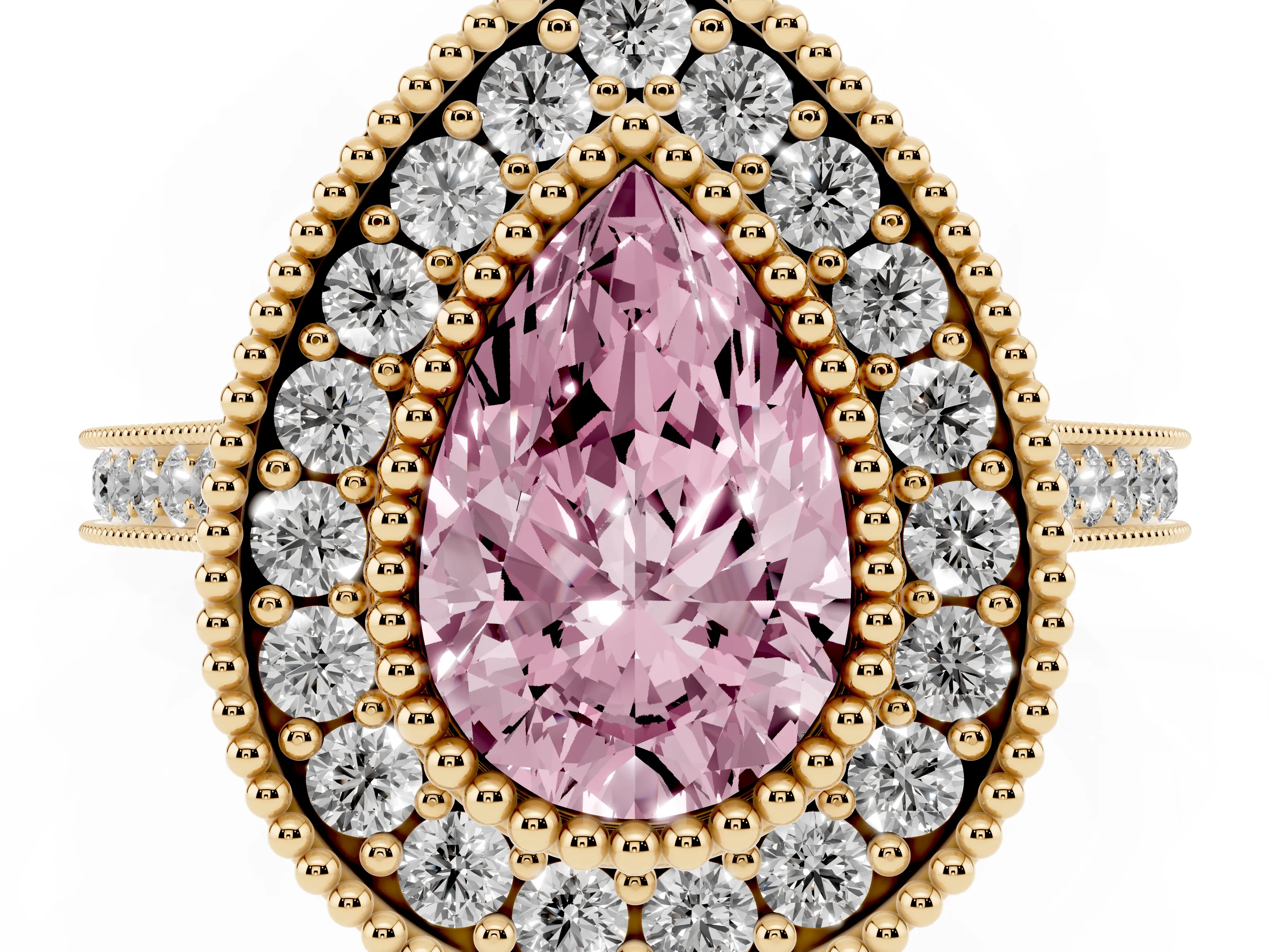 Fancy Pink Pear Cut Diamond Halo Ring Set in Yellow gold with Milgrain Frame and Pavé Band