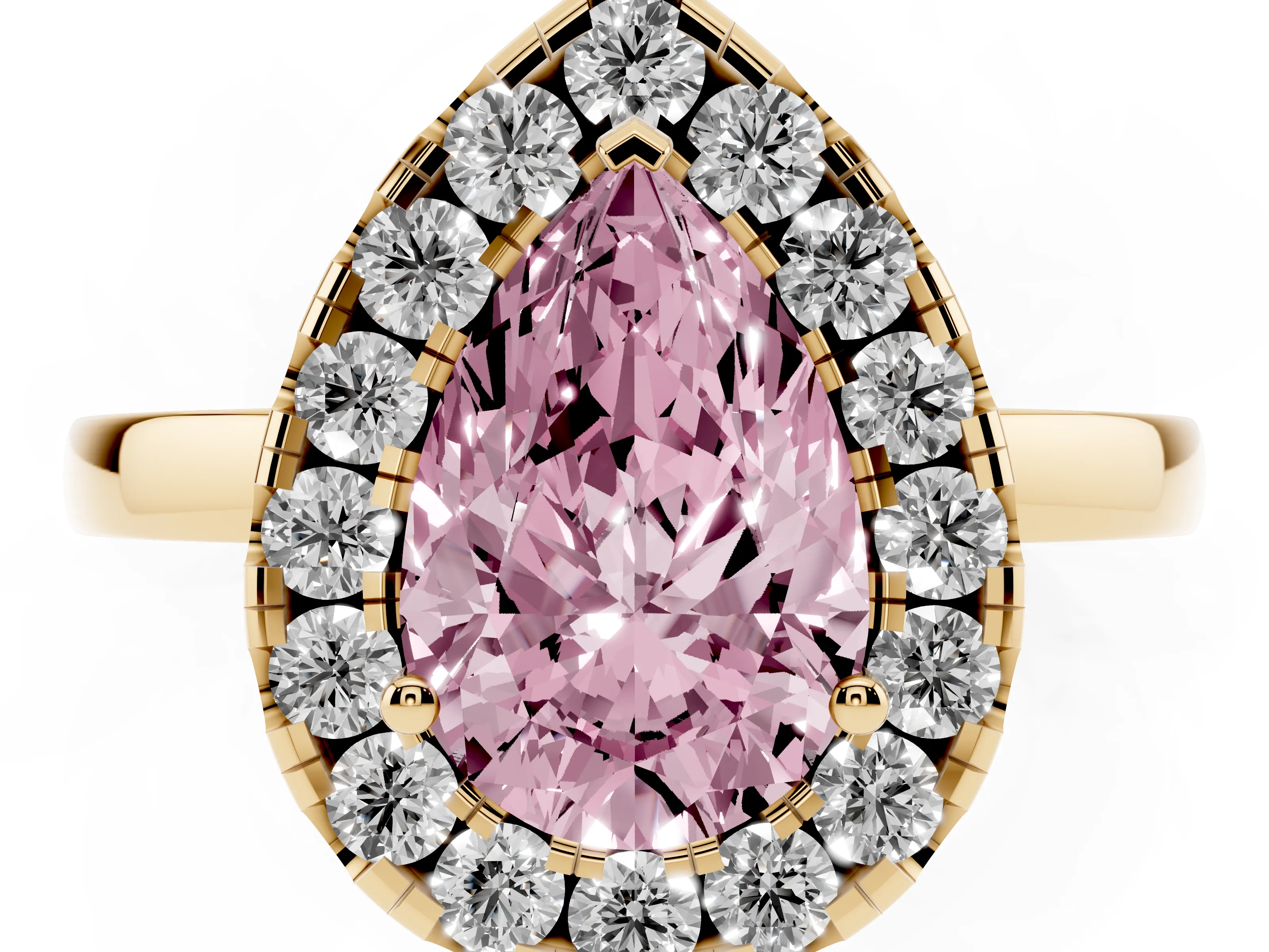 Fancy Pink Pear Cut Diamond Halo Solitaire Ring Set in Yellow gold with Pavé Band and Prong Setting