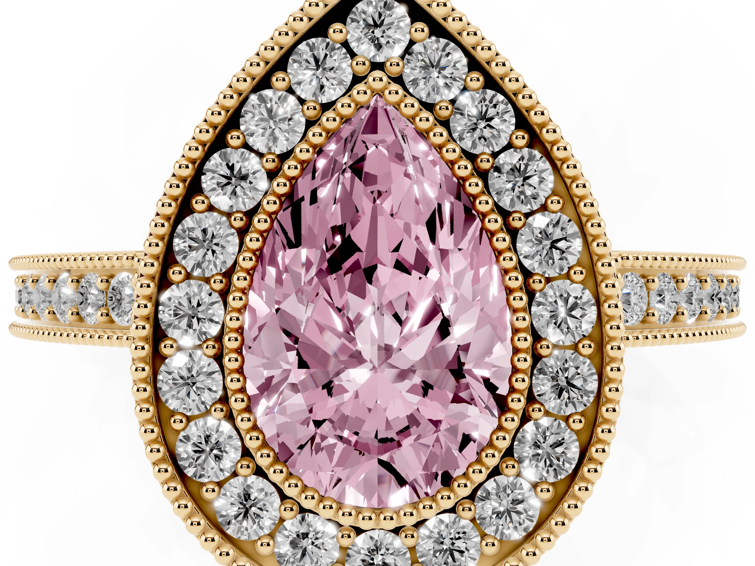 Fancy Pink Pear Cut Diamond Round Halo Ring Set in Yellow gold with Pavé Band