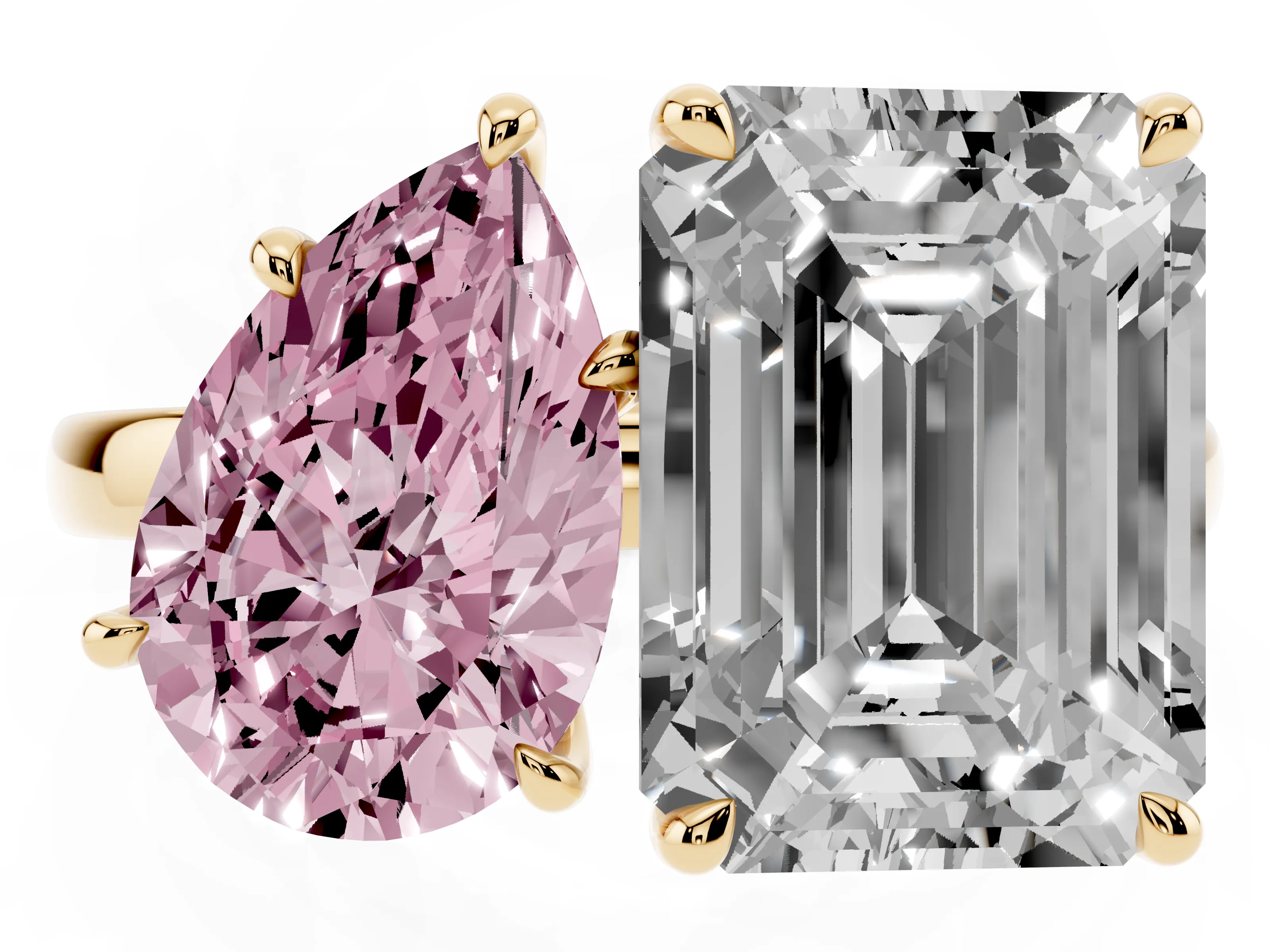 Fancy Pink Pear Cut and Emerald Cut Toi Moi Ring Set in Yellow gold with Prong Setting