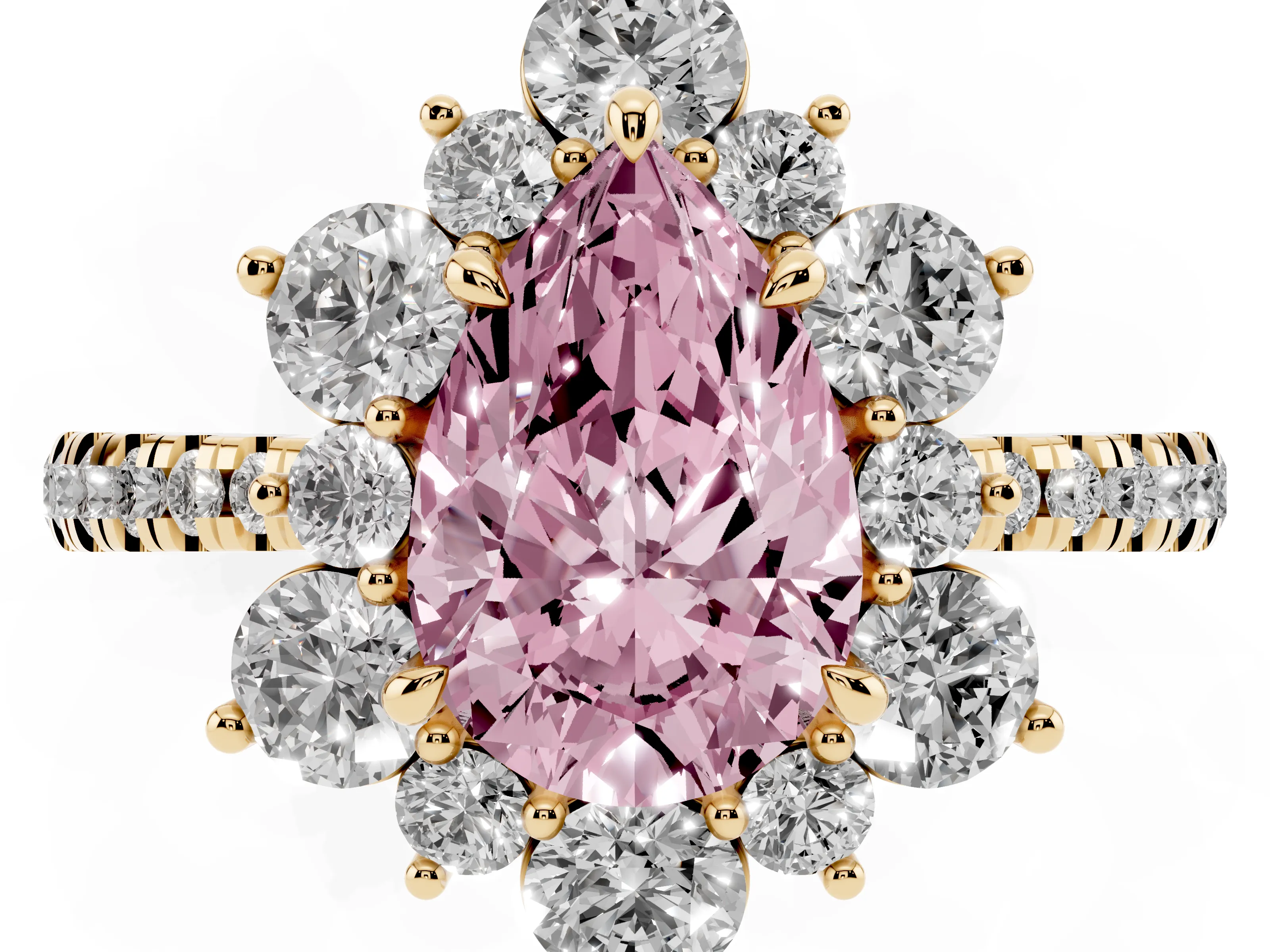 Fancy Pink Pear Cut Diamond Floral Halo Ring Set in Yellow gold with Round Pavé Band and Prong Setting