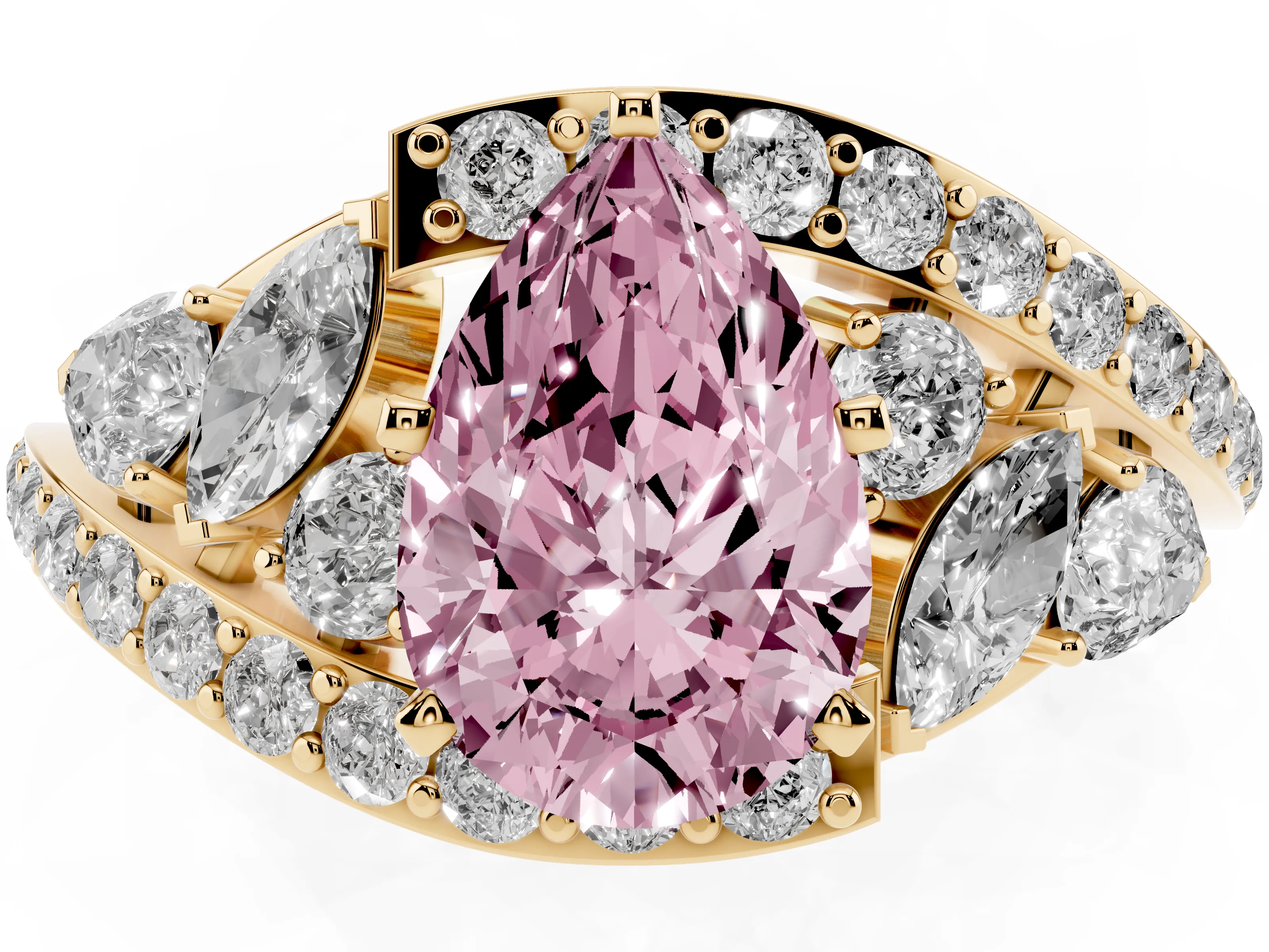 Fancy Pink Pear Cut Diamond Halo Ring Set in Yellow gold with Marquise and Pavé Band in Prong Setting