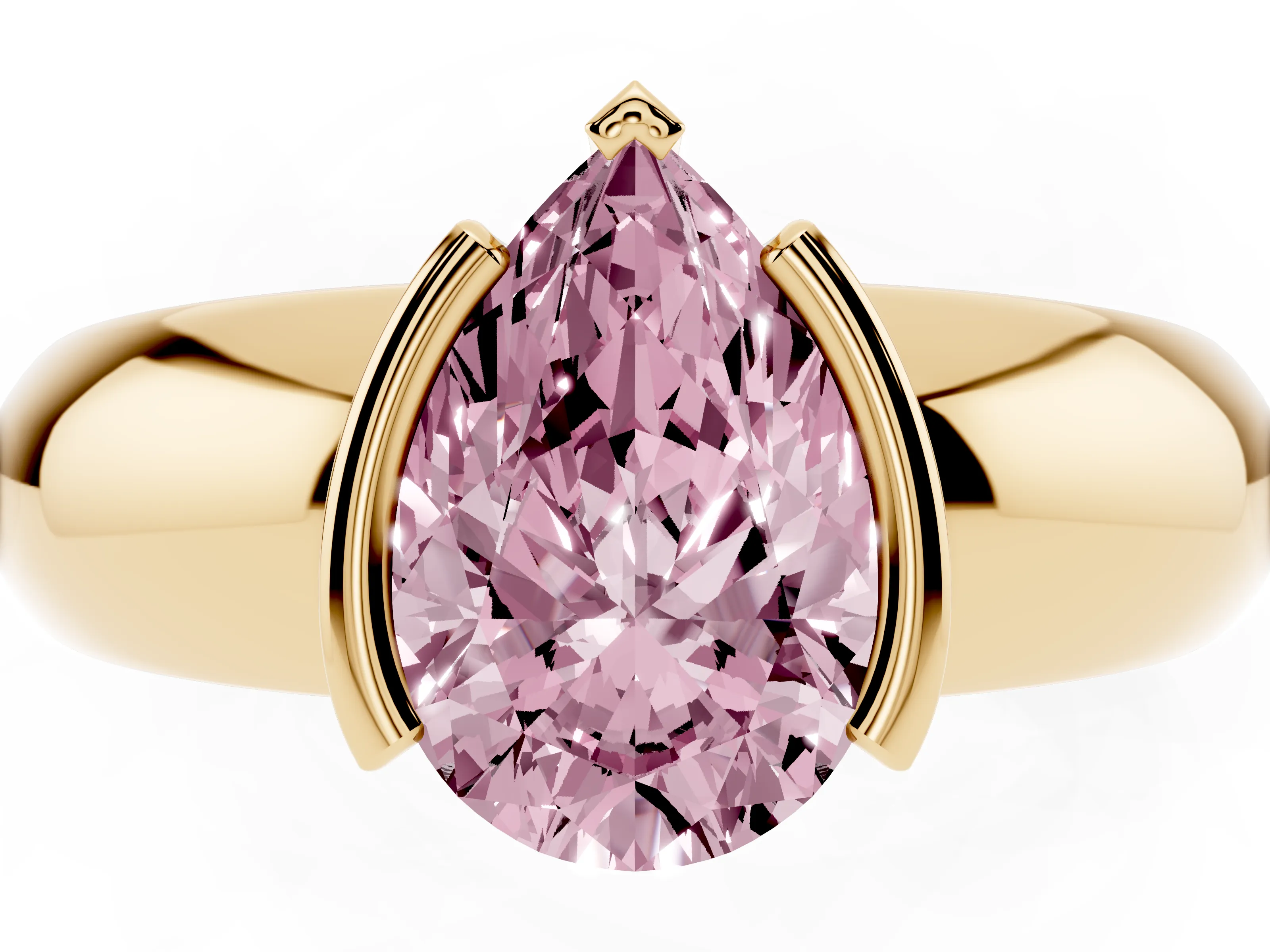 Fancy Pink Pear Cut Diamond Solitaire Tension Set Ring Set in Yellow gold with Wide Band