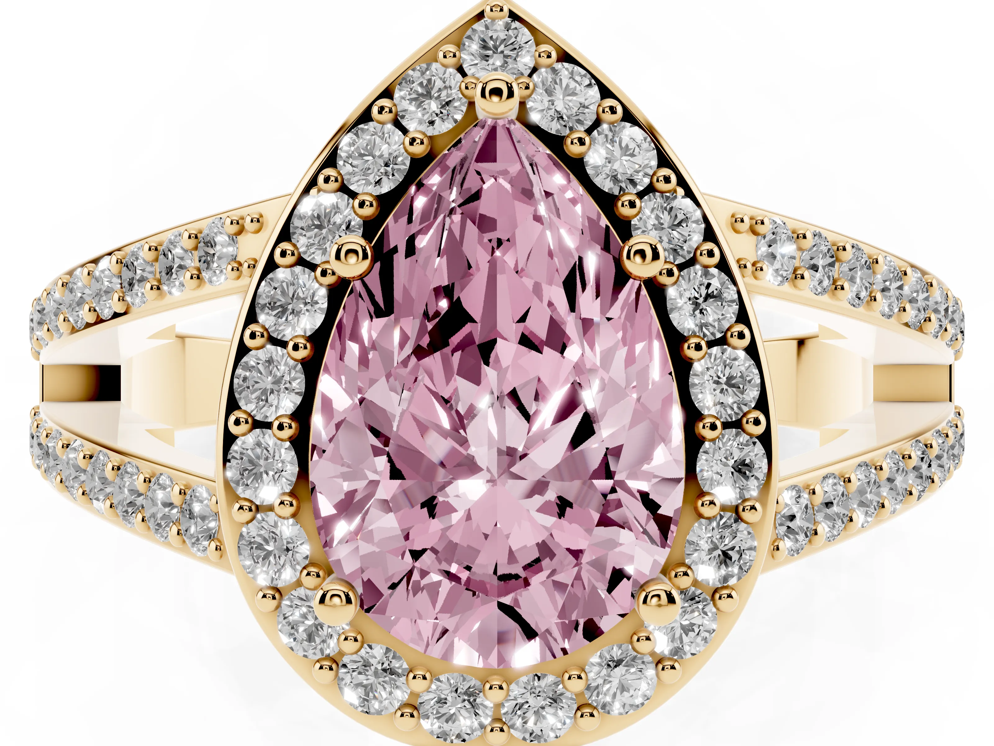 Fancy Pink Pear Cut Diamond Halo Ring Set in Yellow gold with U-Prong Split Shank and Prong Setting