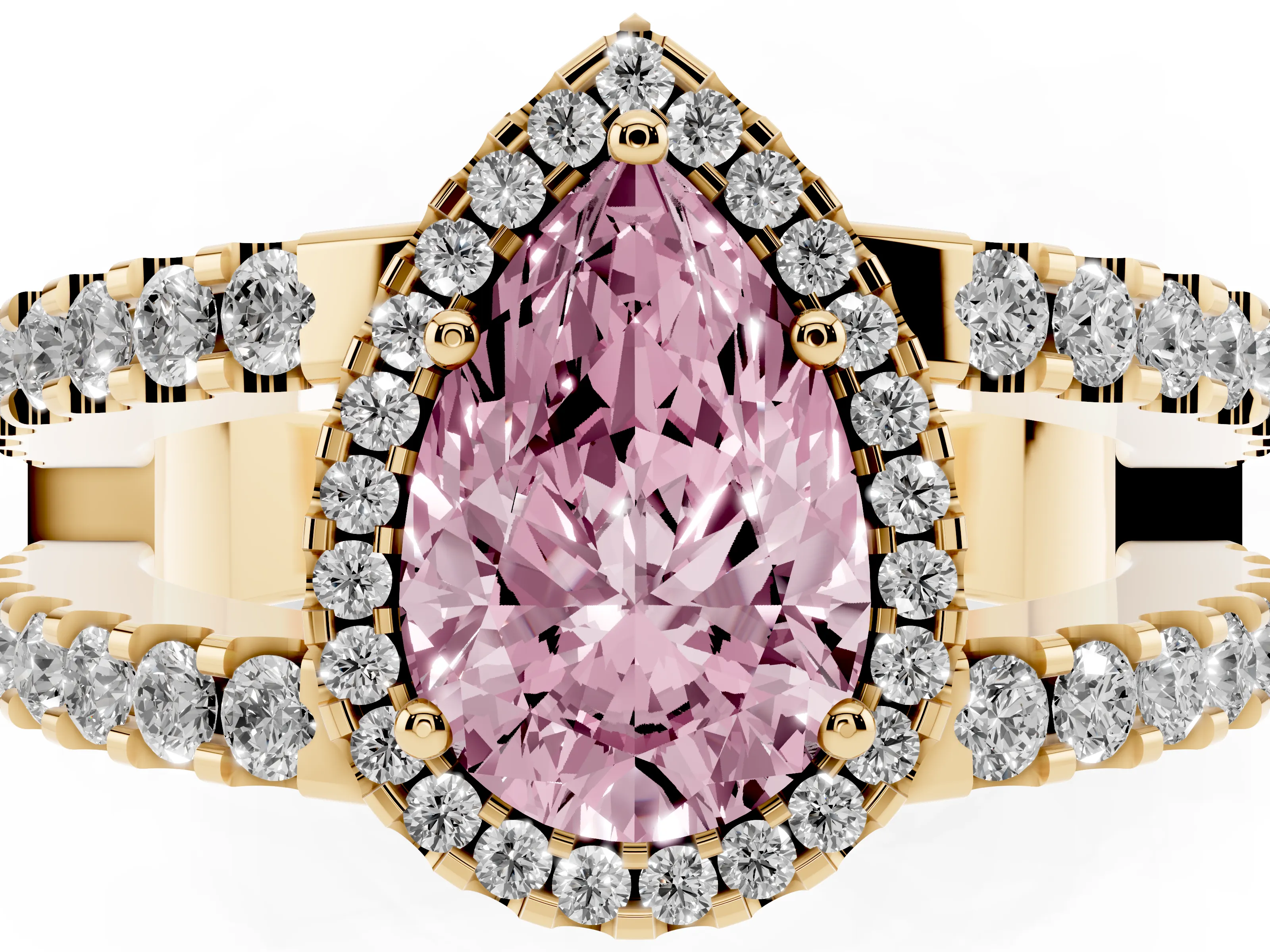 Fancy Pink Pear Cut Diamond Halo Ring Set in Yellow gold with Pavé Split Shank and Prong Setting