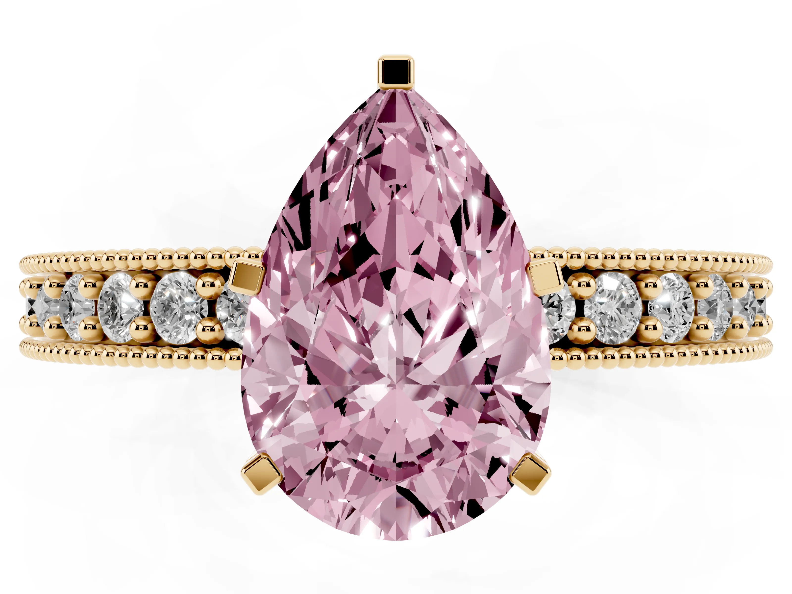 Fancy Pink Pear Cut Diamond Milgrain Pavé Engagement Ring Set in Yellow gold with Prong Setting