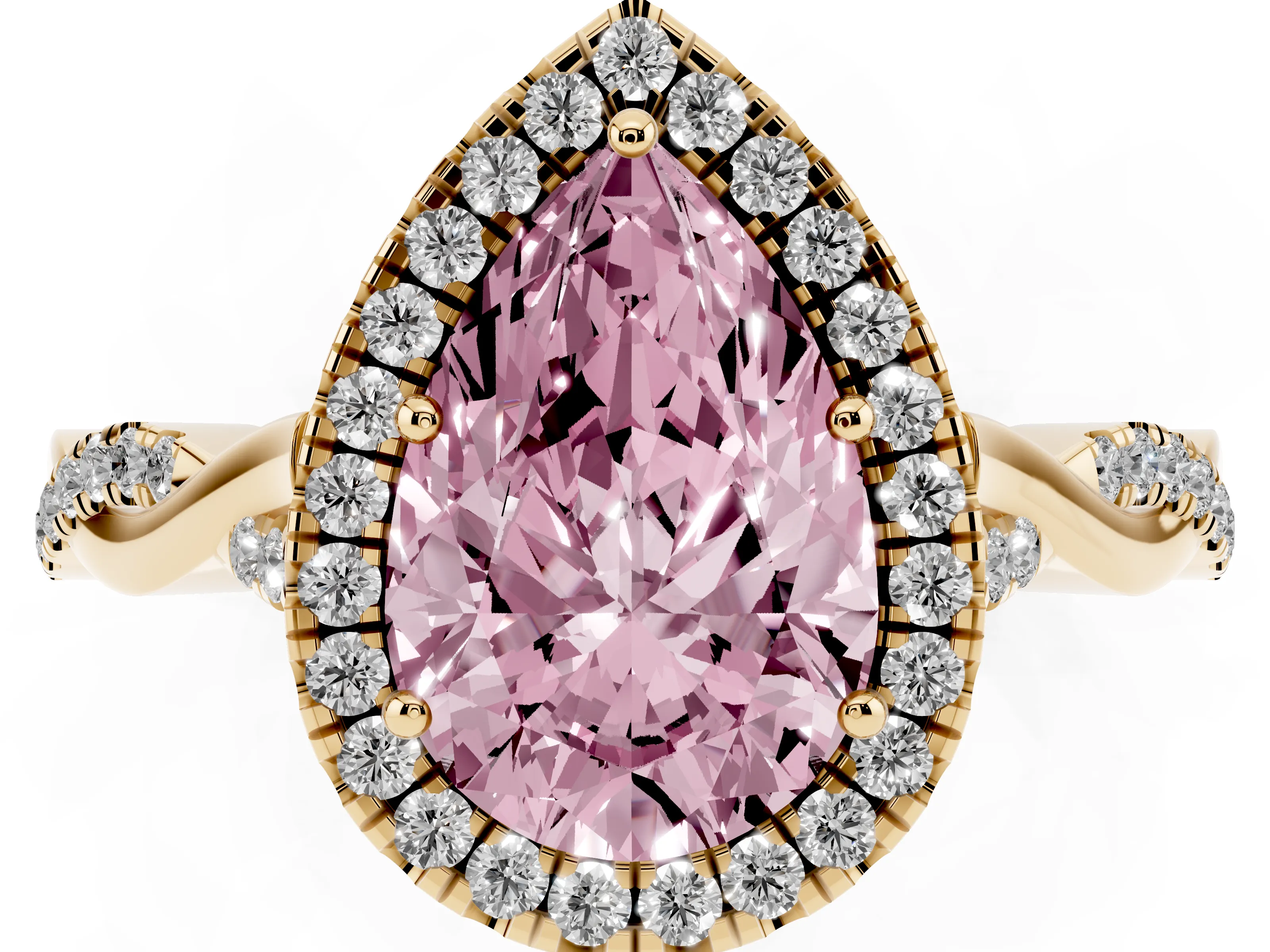 Fancy Pink Pear Cut Diamond Halo Twist Band Solitaire Ring Set in Yellow gold with Prong Setting