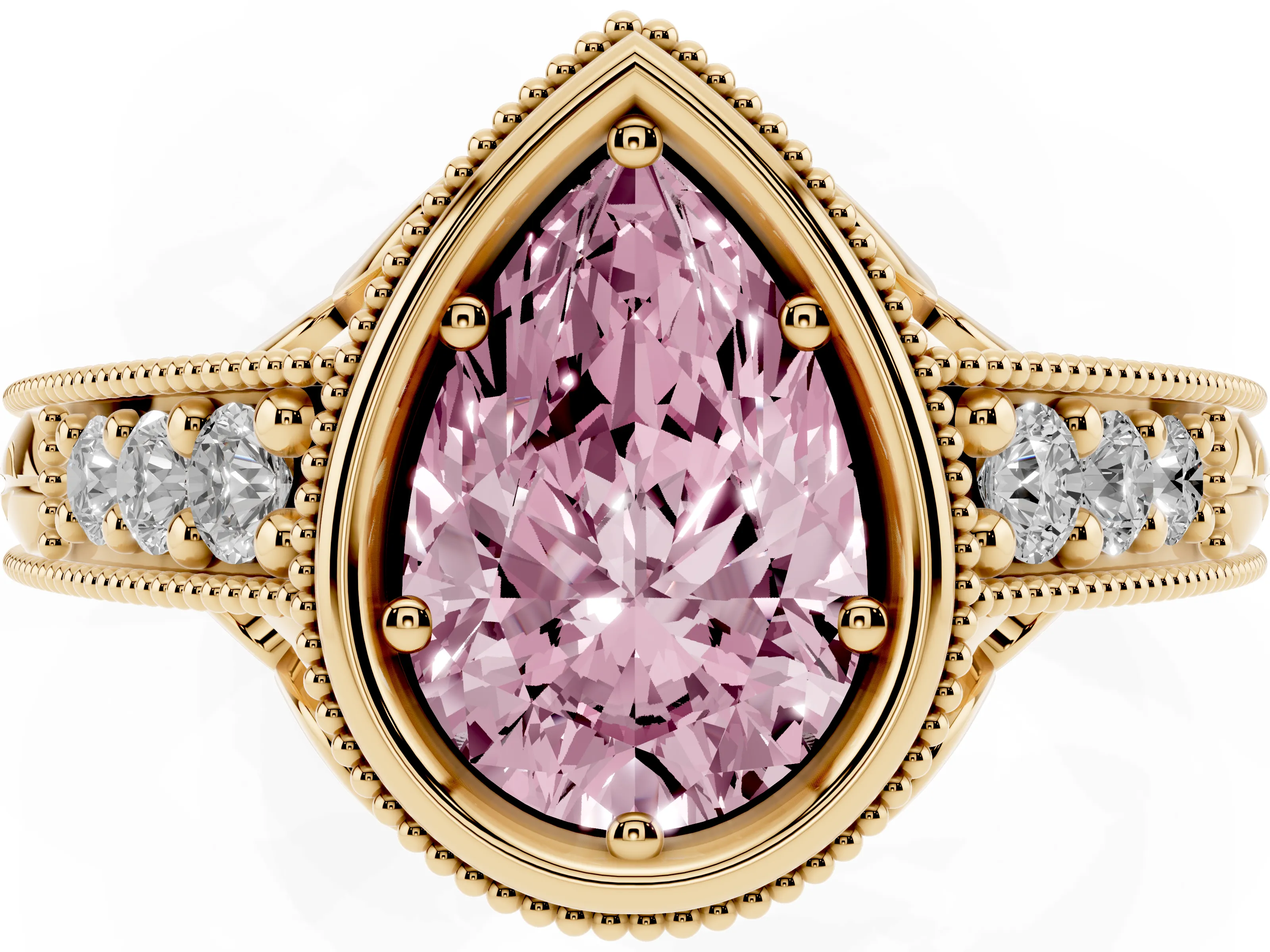 Fancy Pink Bezel Set Pear Cut Diamond Milgrain Pavé Engagement Ring Set in Yellow gold