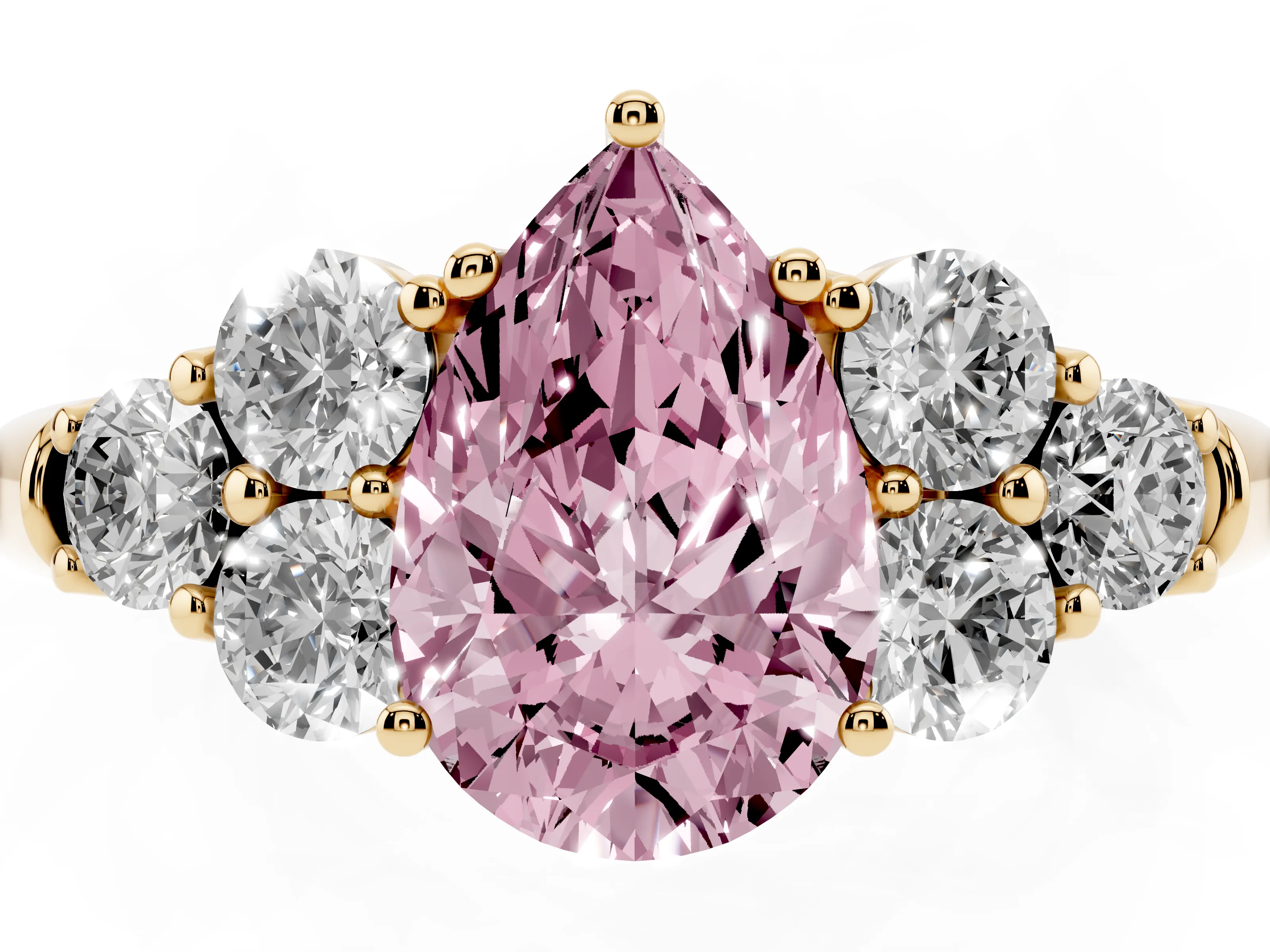 Fancy Pink Pear Cut Diamond Cluster Ring Set in Yellow gold with Round Accent Stones and Prong Setting on a Plain Band