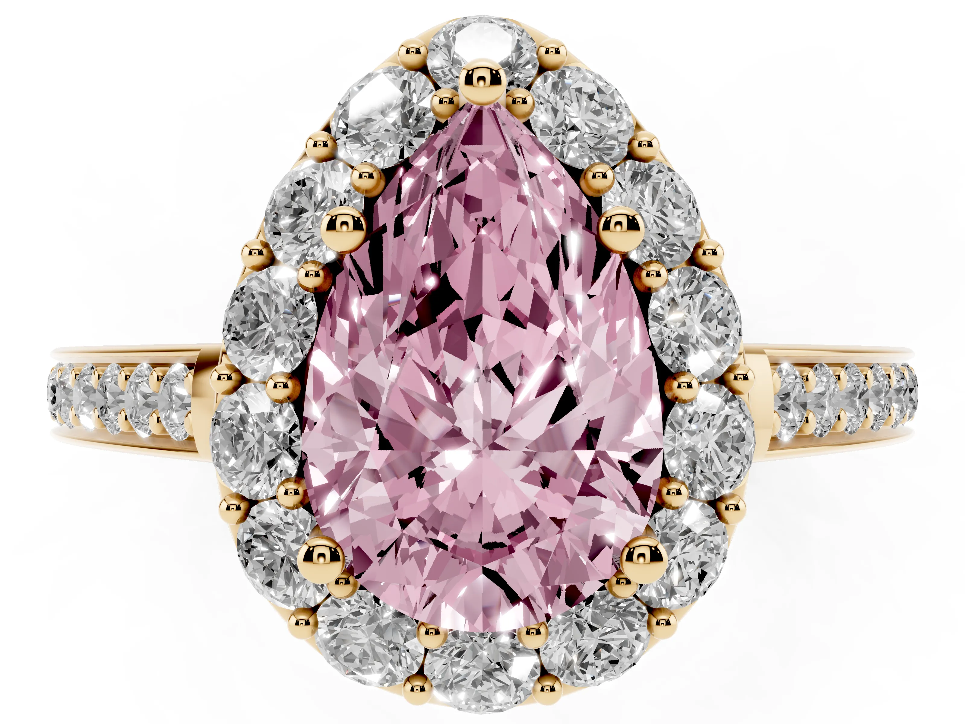 Fancy Pink Pear Cut Diamond Floral Halo Ring Set in Yellow gold with Pavé Band and Prong Setting