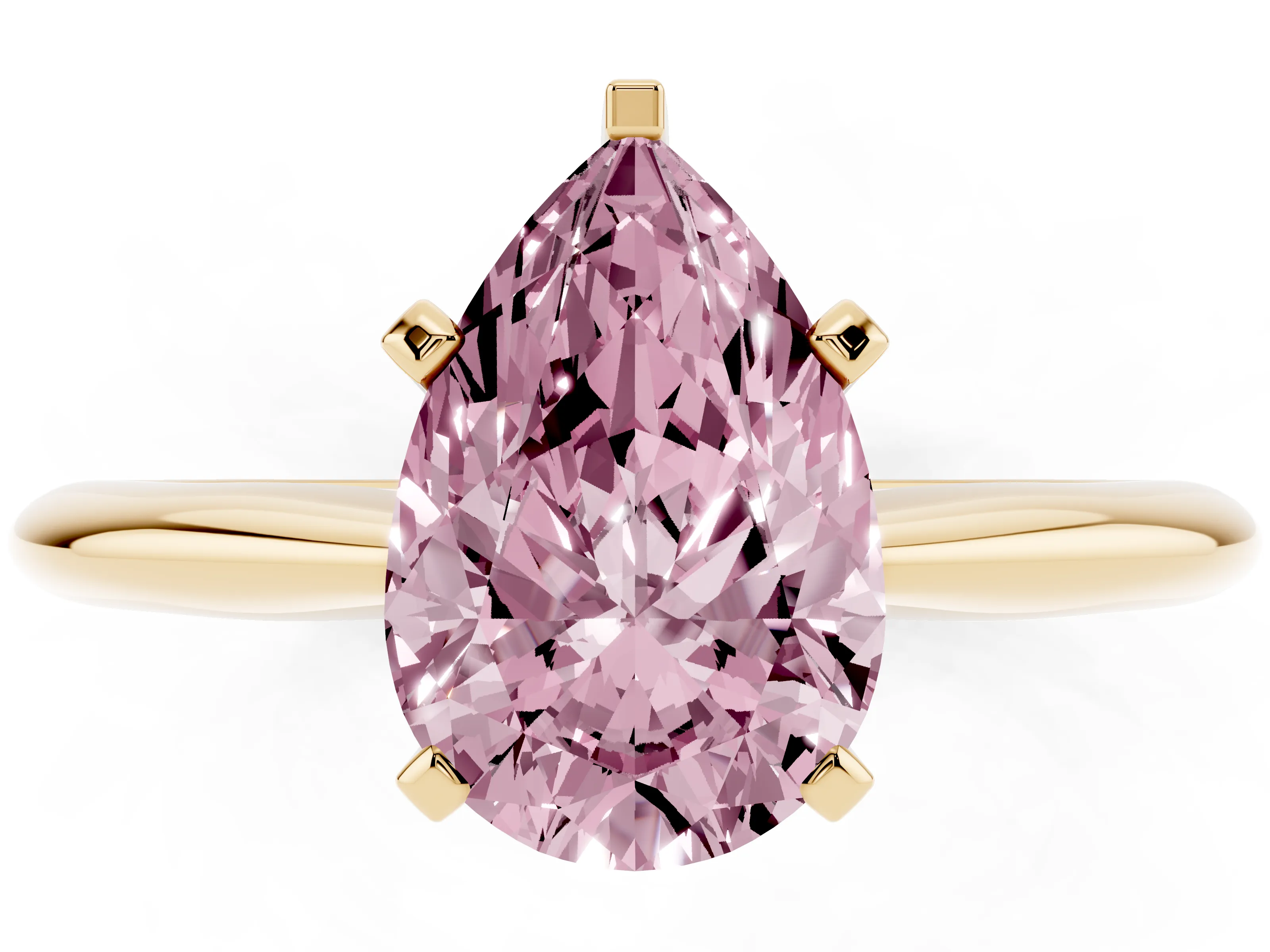 Fancy Pink Pear Cut Diamond Solitaire Ring Set in Yellow gold with Prong Setting on a Plain Round Band