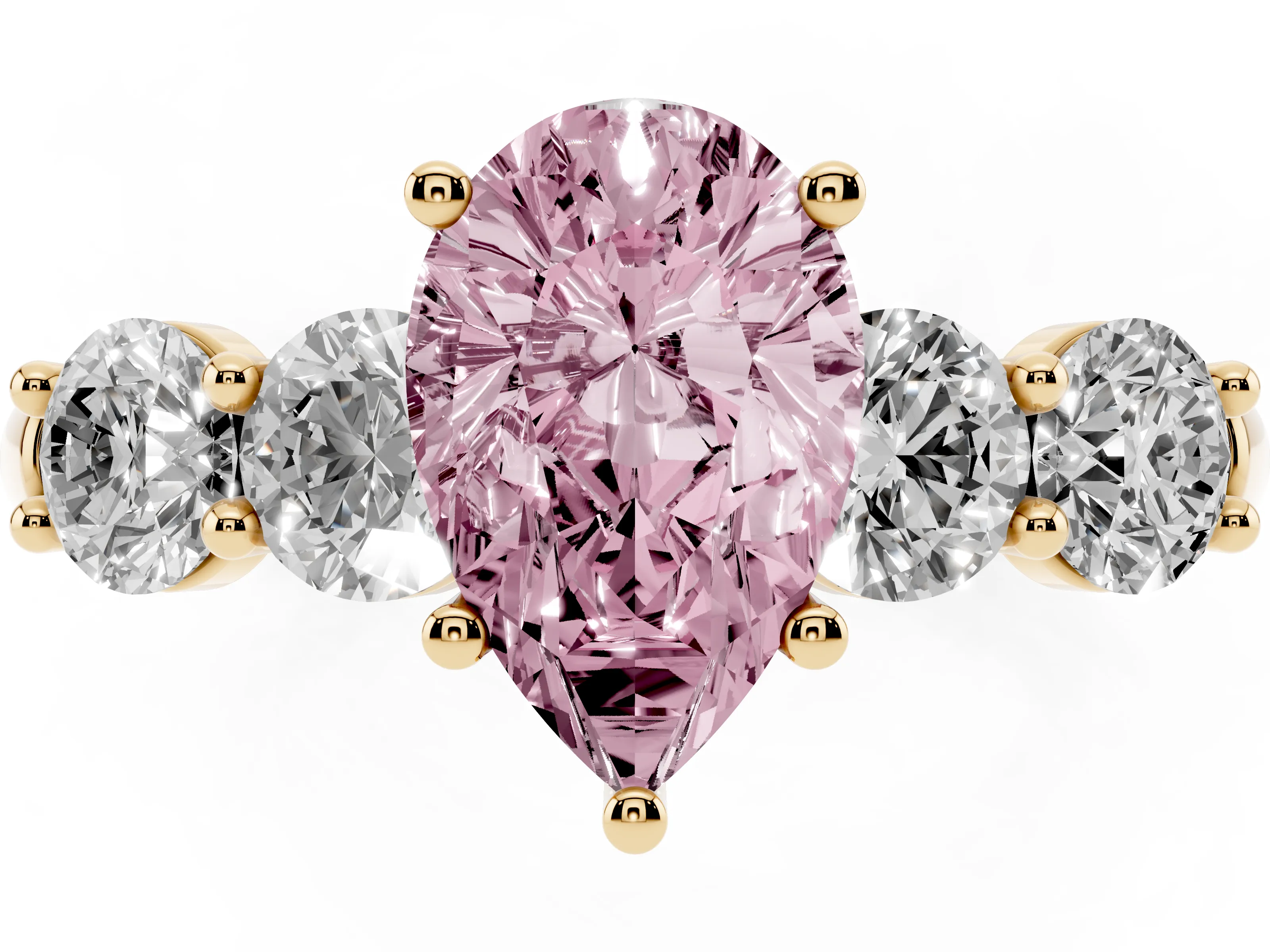 Fancy Pink Pear Cut Diamond Five-Stone Prong Set Ring Set in Yellow gold with Classic Band