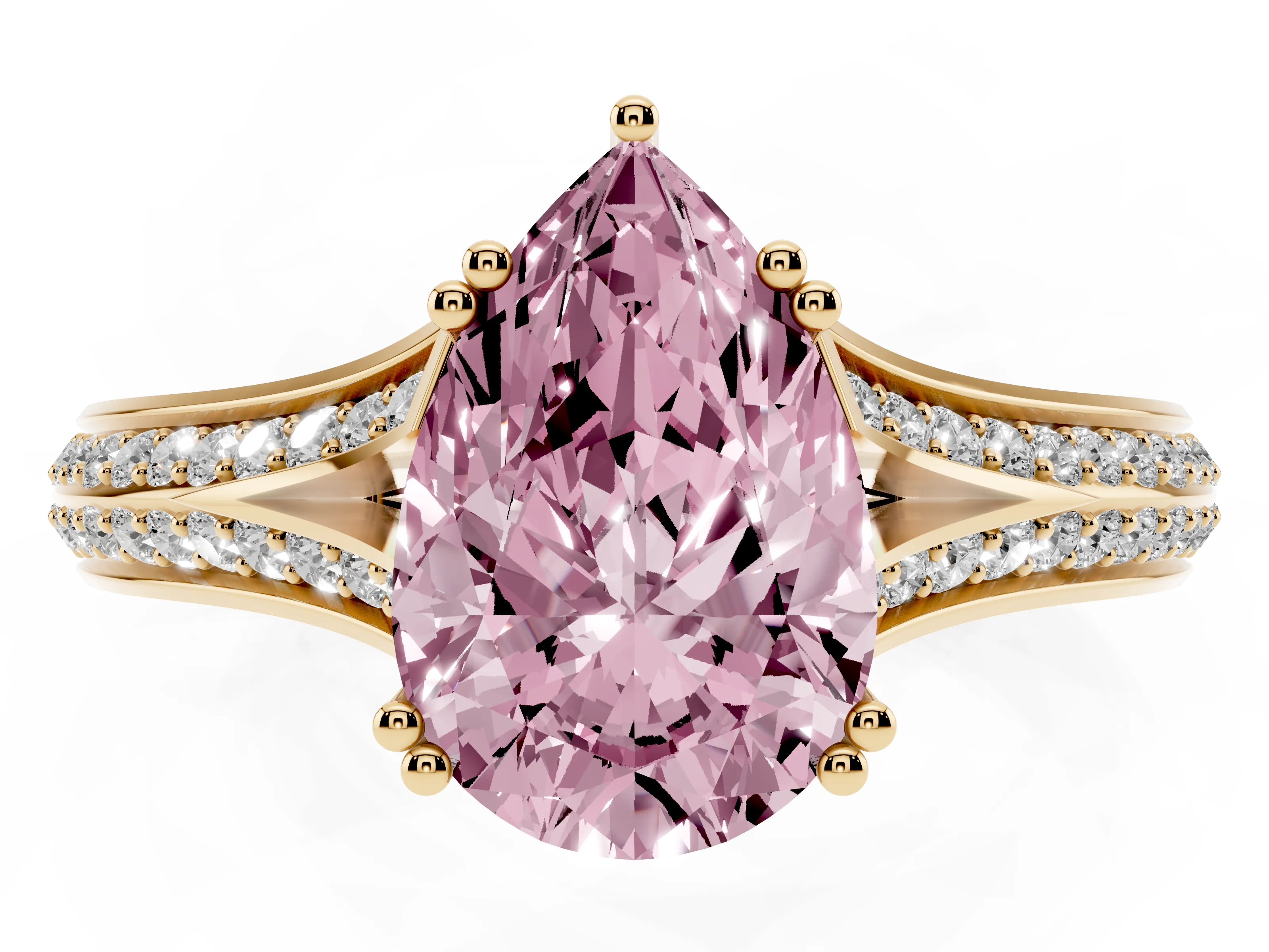 Fancy Pink Pear Cut Diamond Split Shank Pavé Engagement Ring Set in Yellow gold with Prong-Set Center Stone