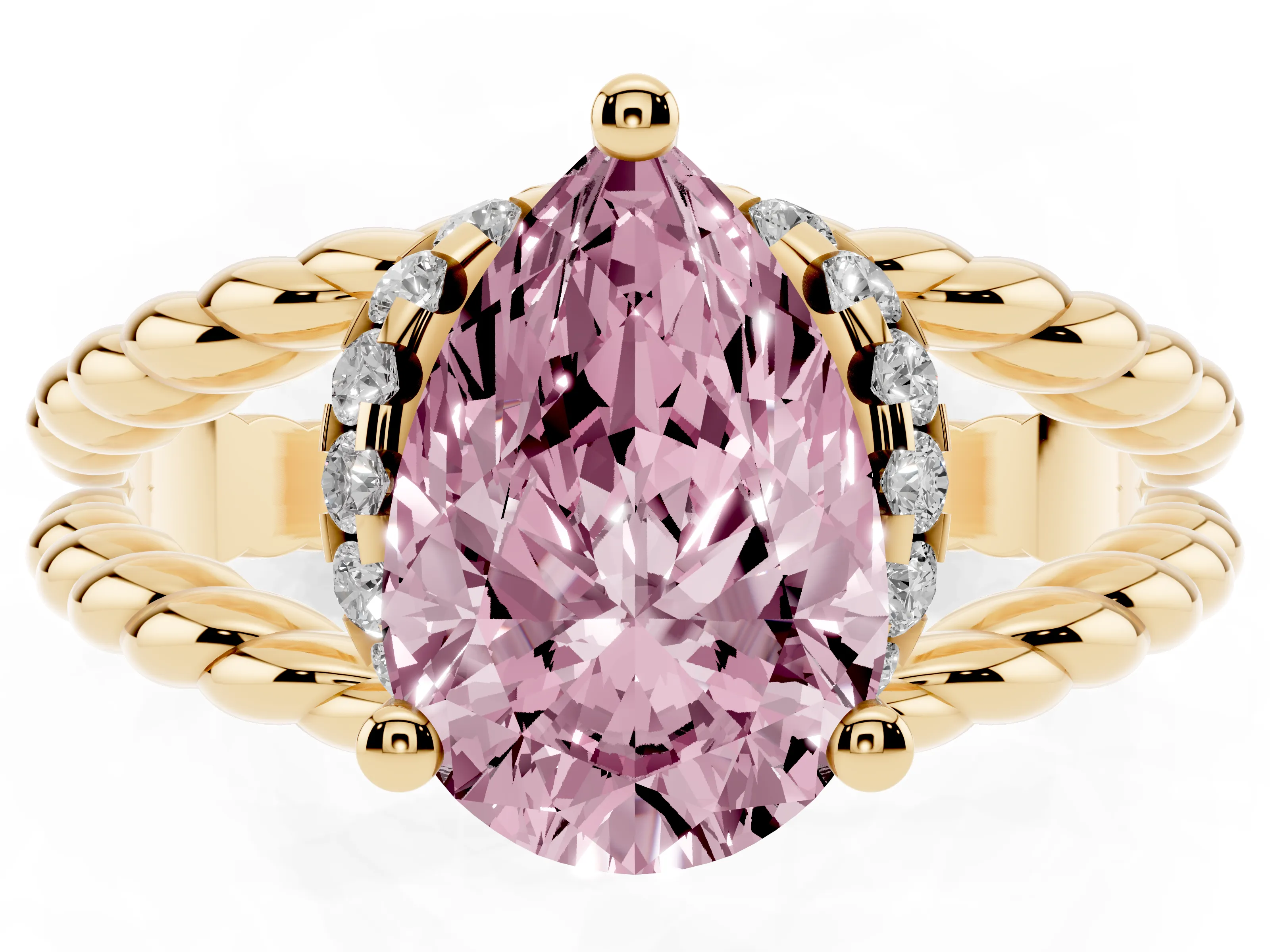 Fancy Pink Pear Cut Diamond Halo Ring Set in Yellow gold with Twisted Band and Prong Setting