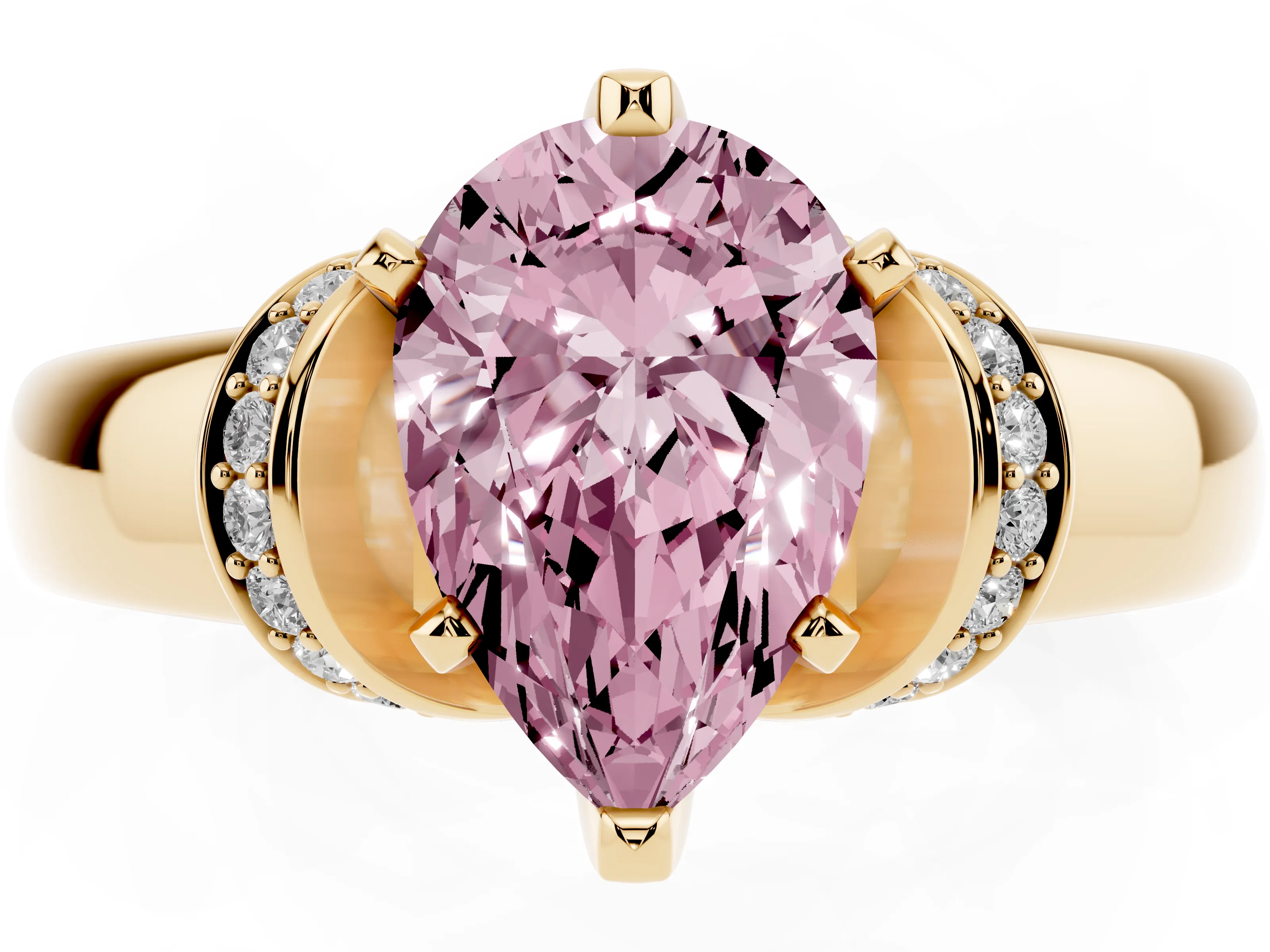 Fancy Pink Pear Cut Diamond Pavé Band Solitaire Ring Set in Yellow gold with Prong Setting