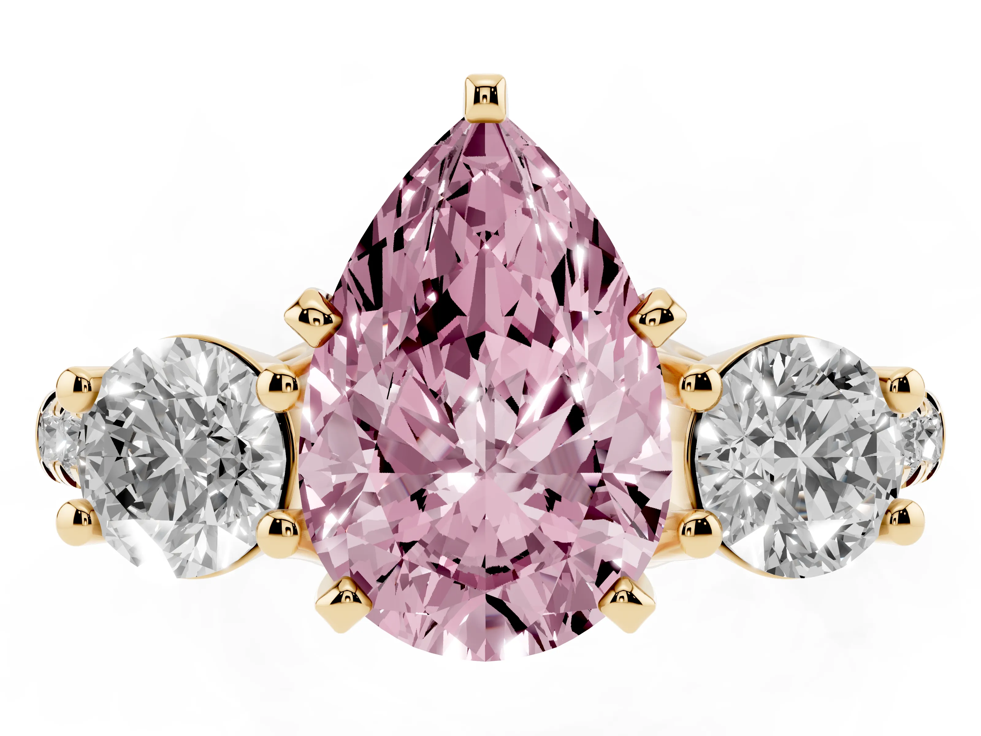 Fancy Pink Three-Stone Pear Cut Diamond Pavé Band Ring Set in Yellow gold with Prong-Set Trio