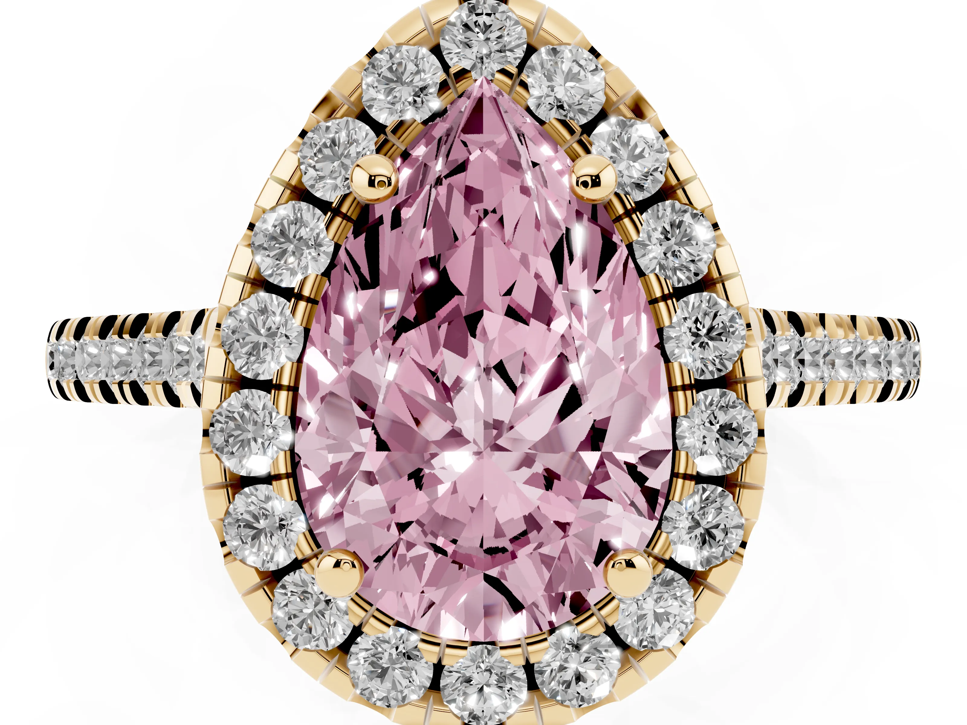 Fancy Pink Pear Cut Diamond Cushion Halo Ring Set in Yellow gold with Pavé Band