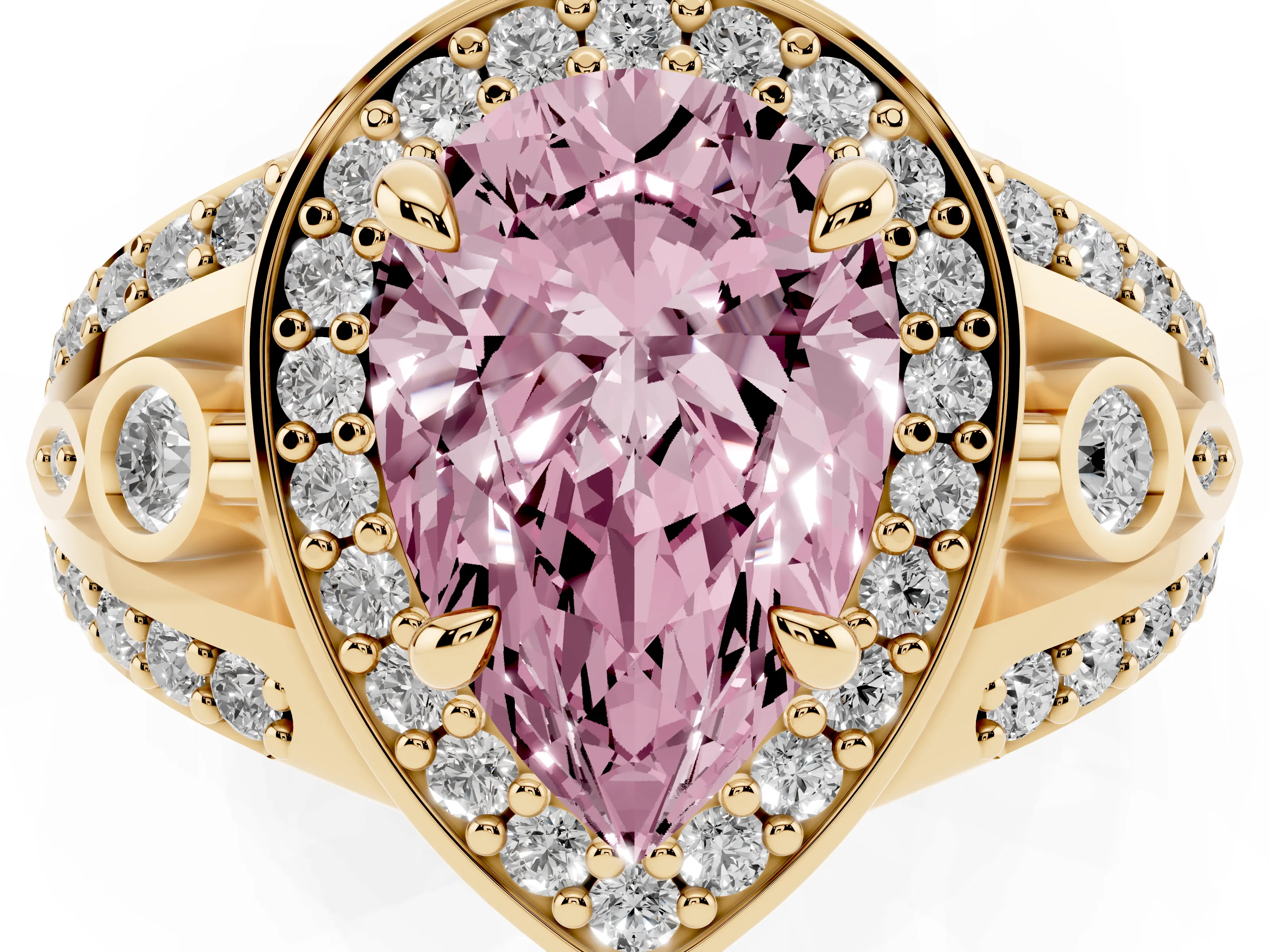 Fancy Pink Pear Cut Diamond Halo Ring Set in Yellow gold with Pavé Split Shank and Bezel Accents