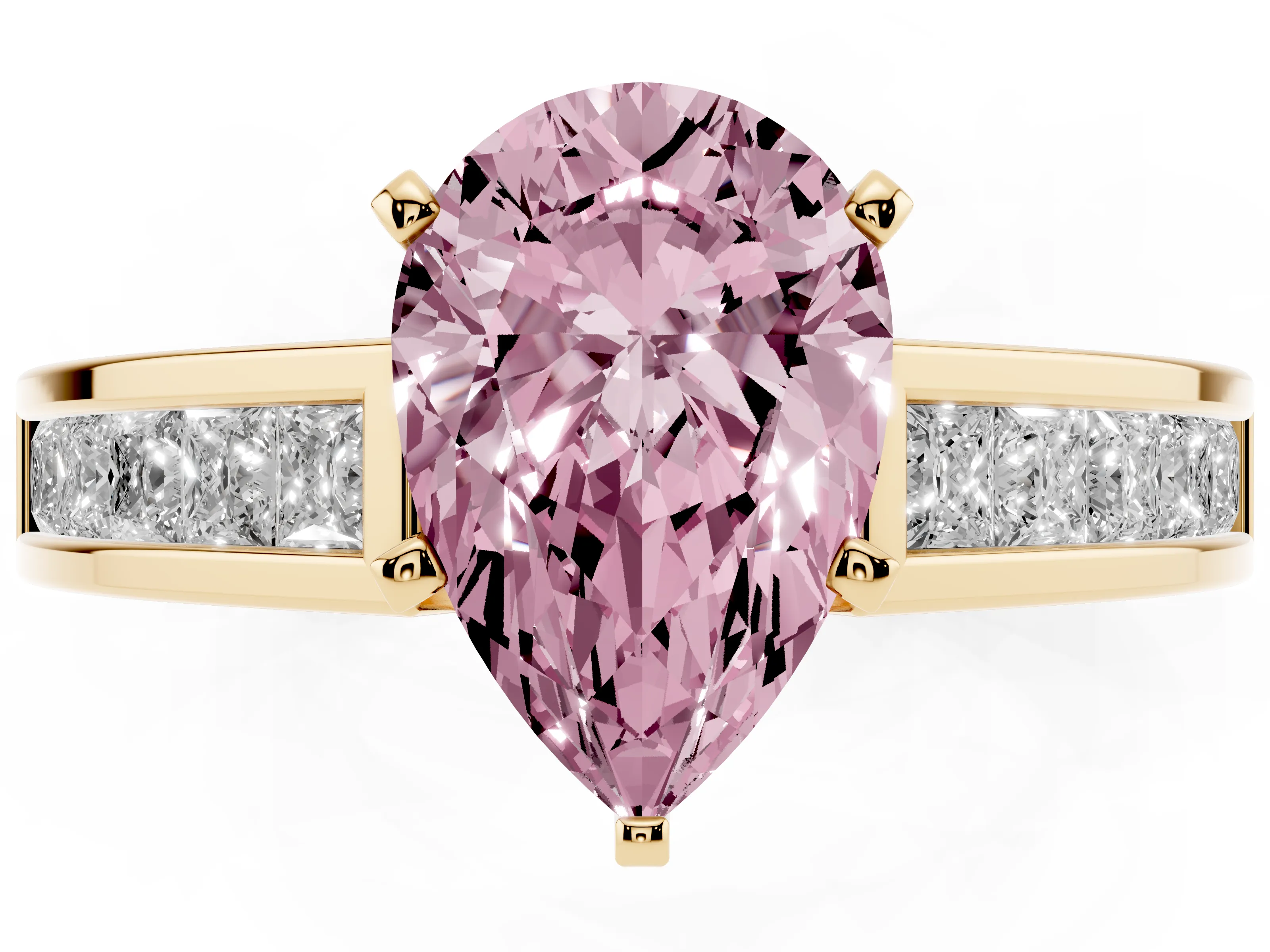 Fancy Pink Pear Cut Diamond Solitaire Ring Set in Yellow gold with Channel-Set Band and Prong Setting