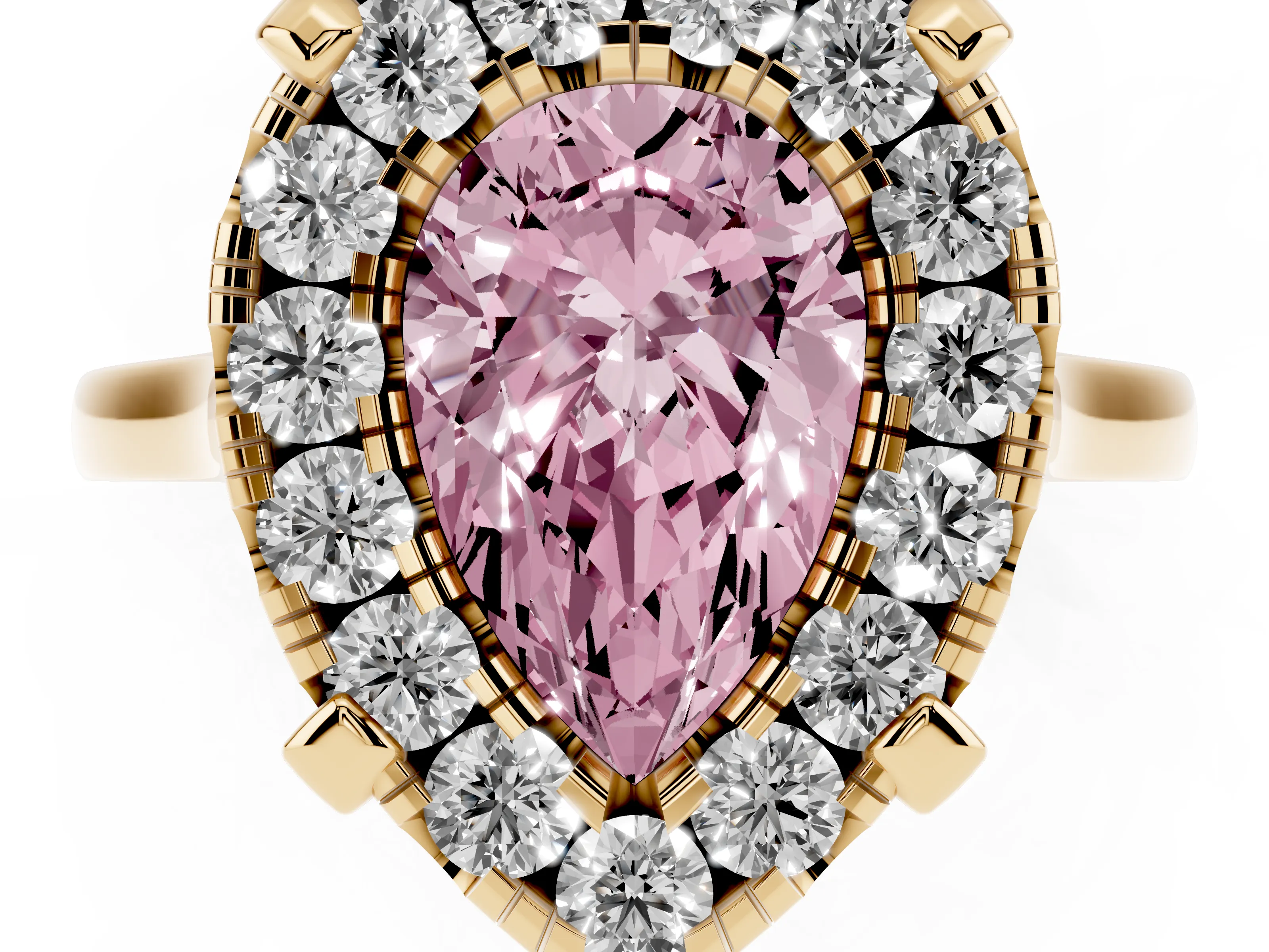 Fancy Pink Pear Cut Diamond Cluster Halo Solitaire Ring Set in Yellow gold with Prong Setting