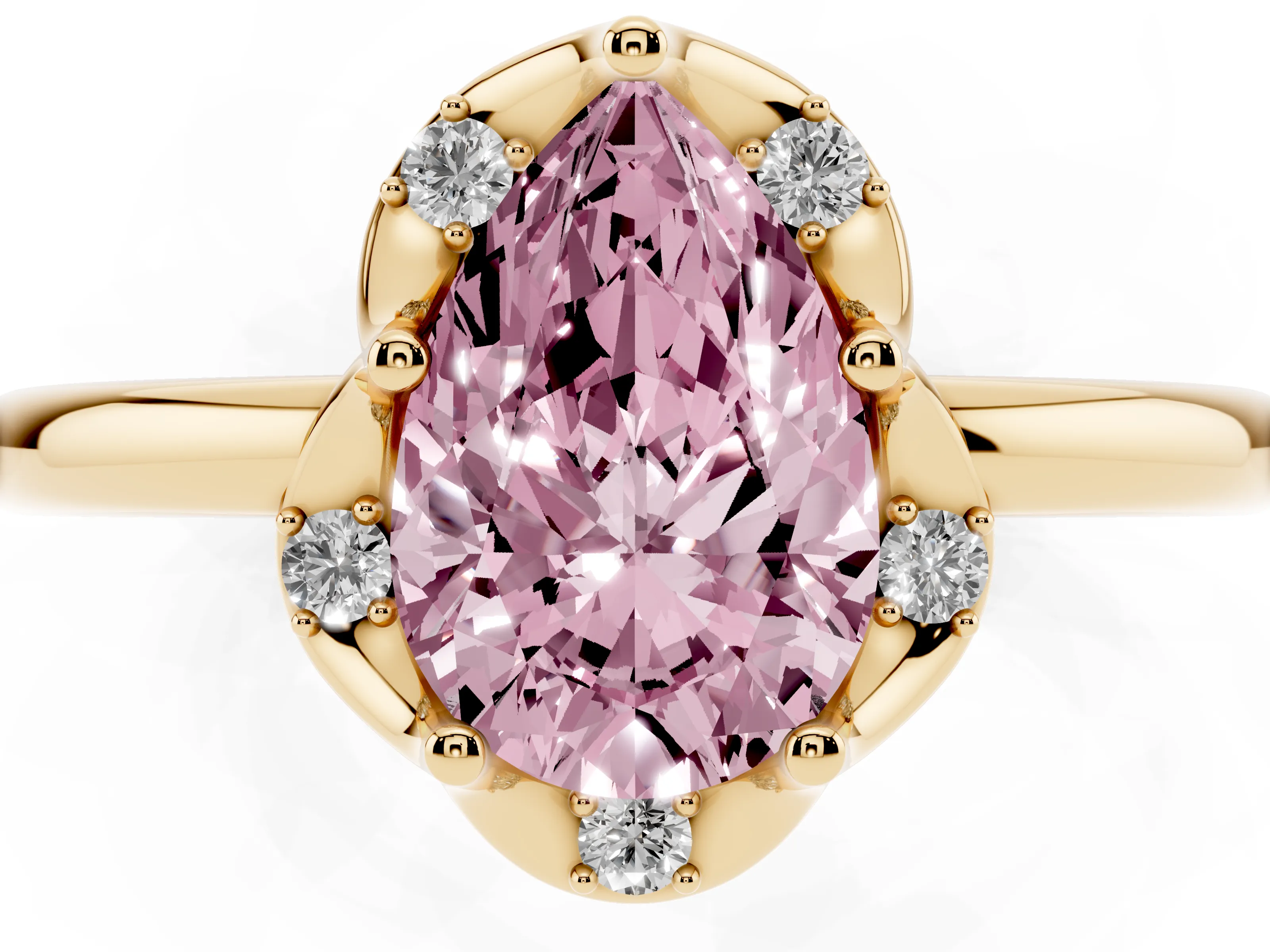 Fancy Pink Pear Cut Diamond Round Cluster Halo Ring Set in Yellow gold with Solitaire Band and Prong Setting