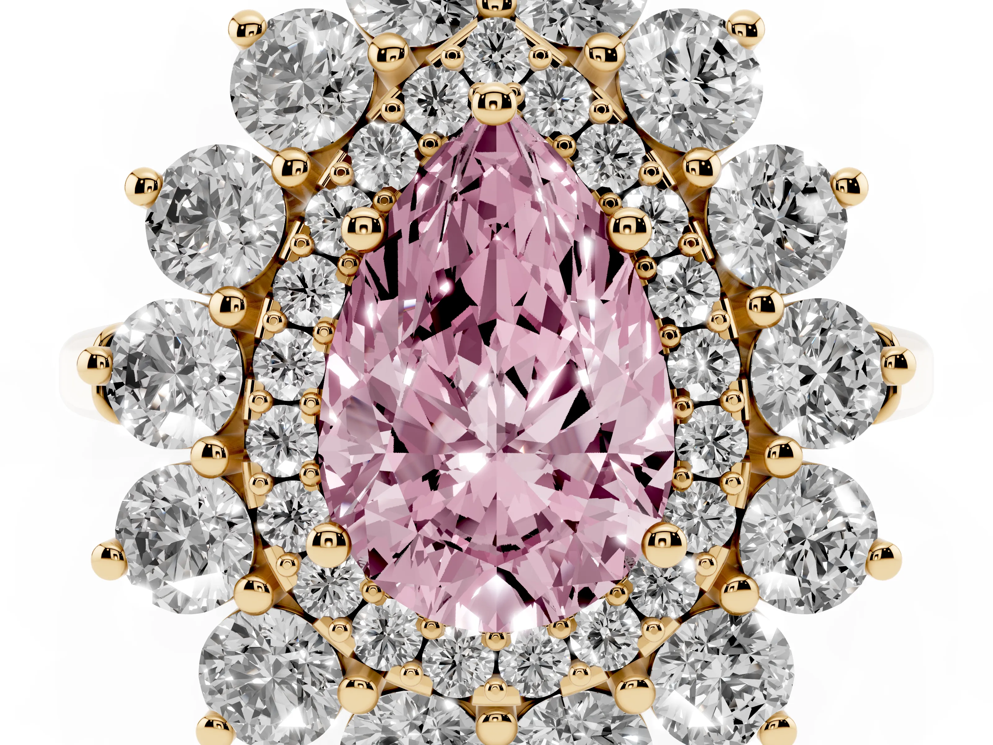 Fancy Pink Pear Cut Diamond Floral Double Halo Ring Set in Yellow gold with Round Petals