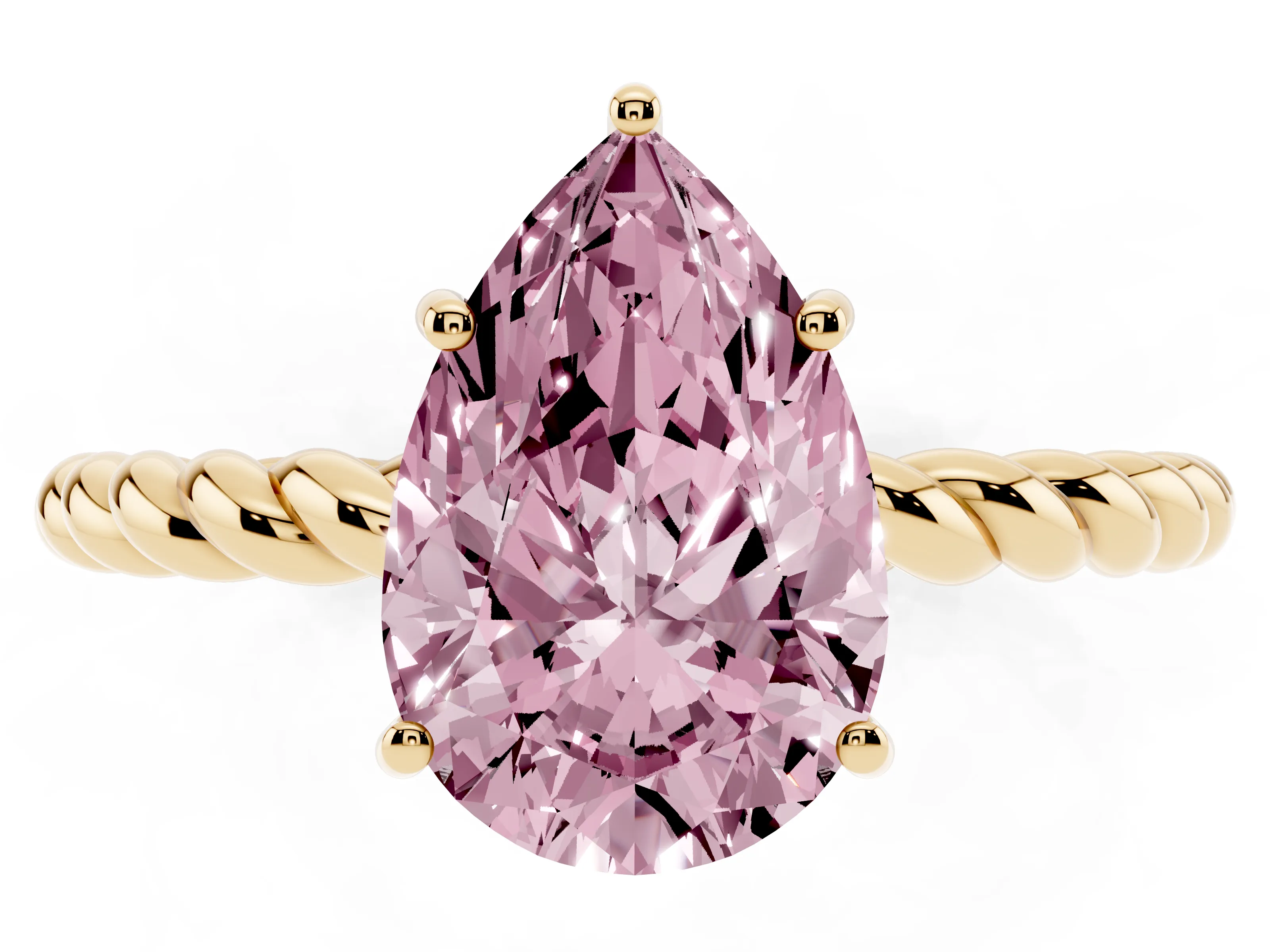 Fancy Pink Pear Cut Diamond Solitaire Ring Set in Yellow gold with Twist Band and Prong Setting